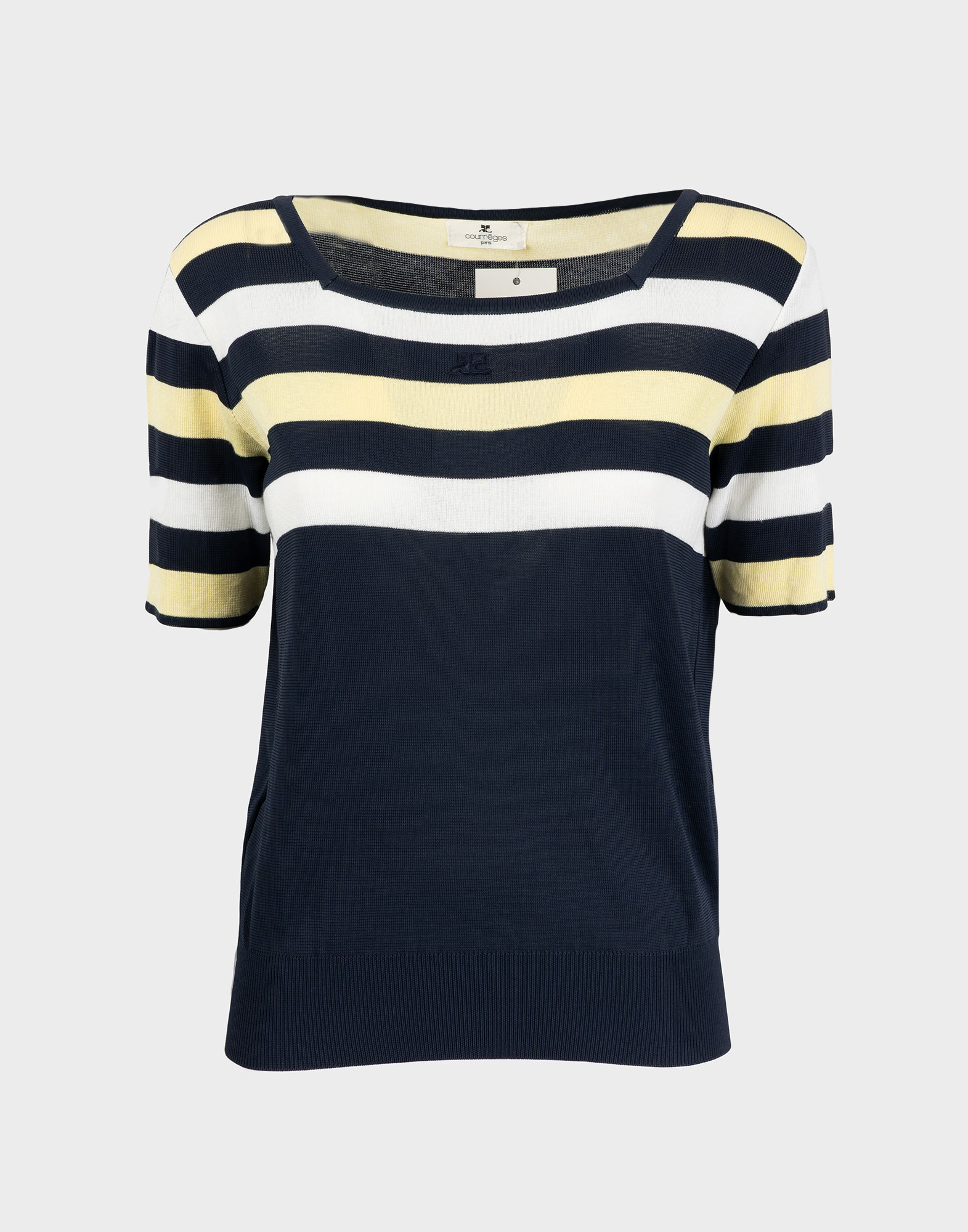 t-shirt maniche corte courreges degli anni '80 blu con fantasia a righe bianche e gialle sul busto