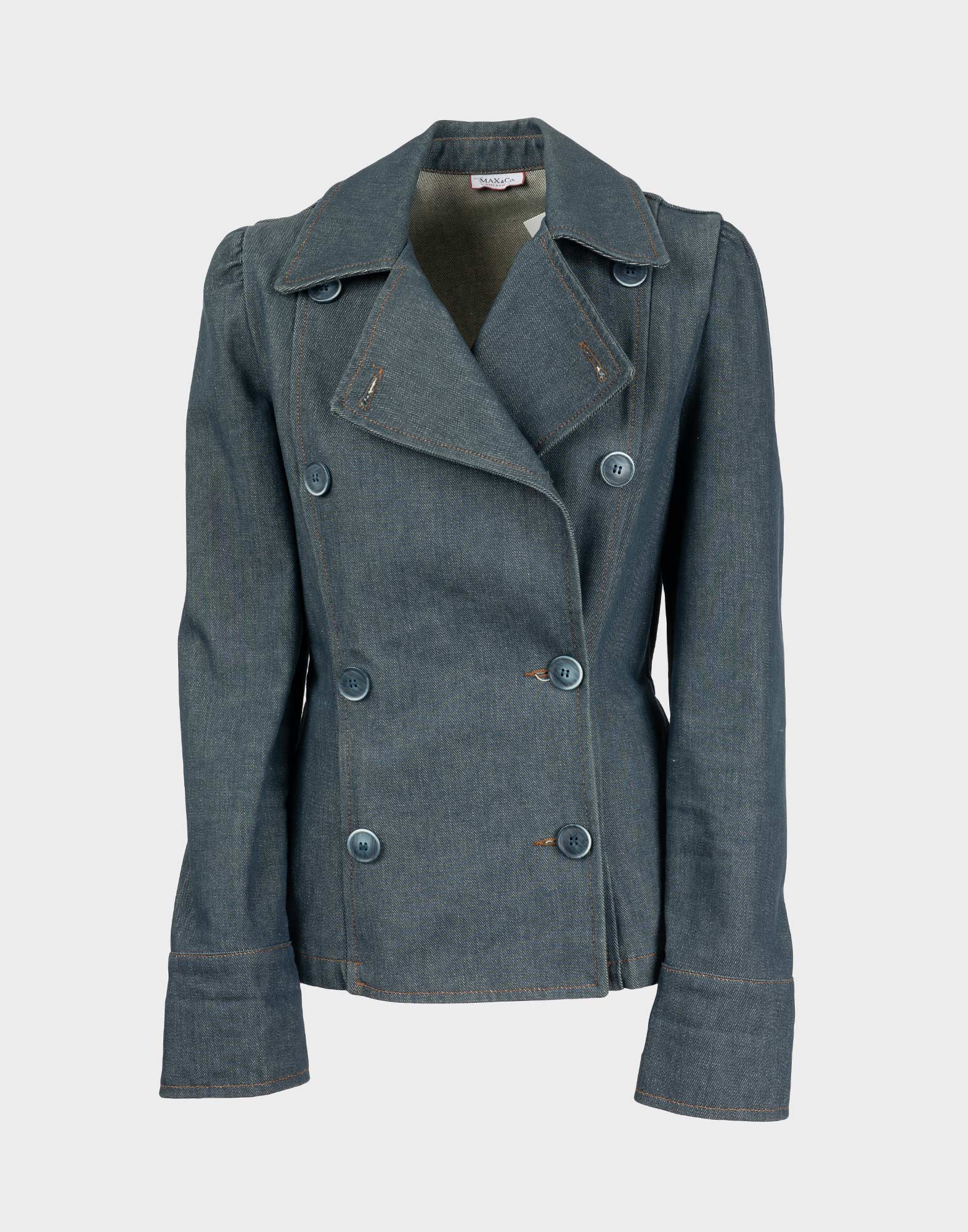 giacca da donna blu in effetto denim, modello doppiopetto a maniche lunghe, cuciture marroni a contrasto