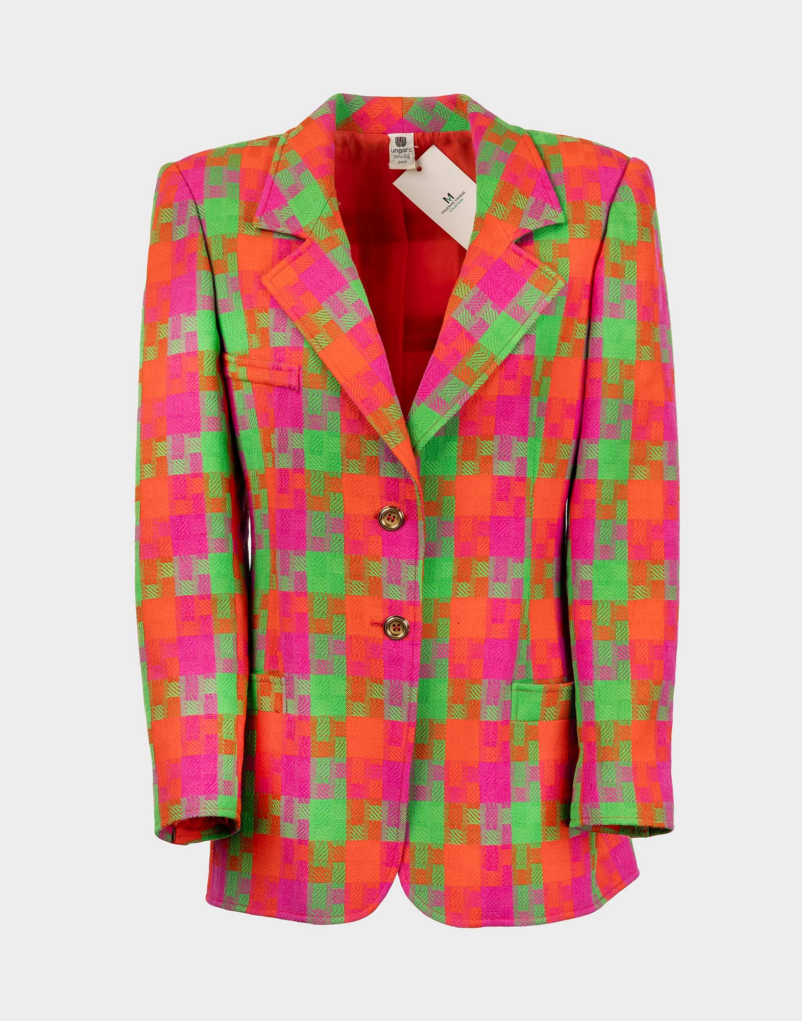 giacca da donna anni '80 con fantasia a quadri rossi, fucsia e verdi. Scollo a V e chiusura anteriore con bottoni