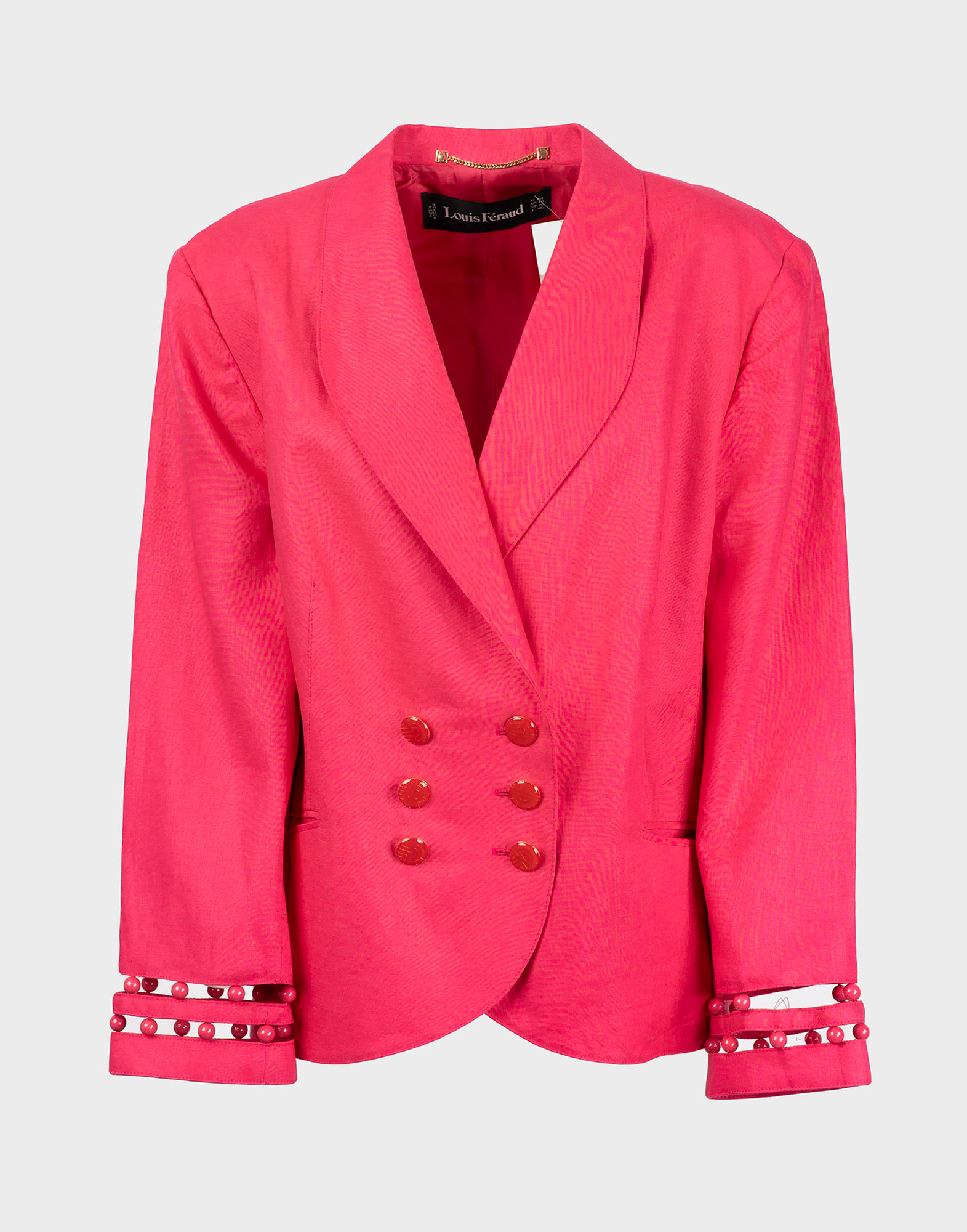 giacca da donna fucsia modello doppiopetto a maniche lunghe, polsini traforati con dettagli di perle