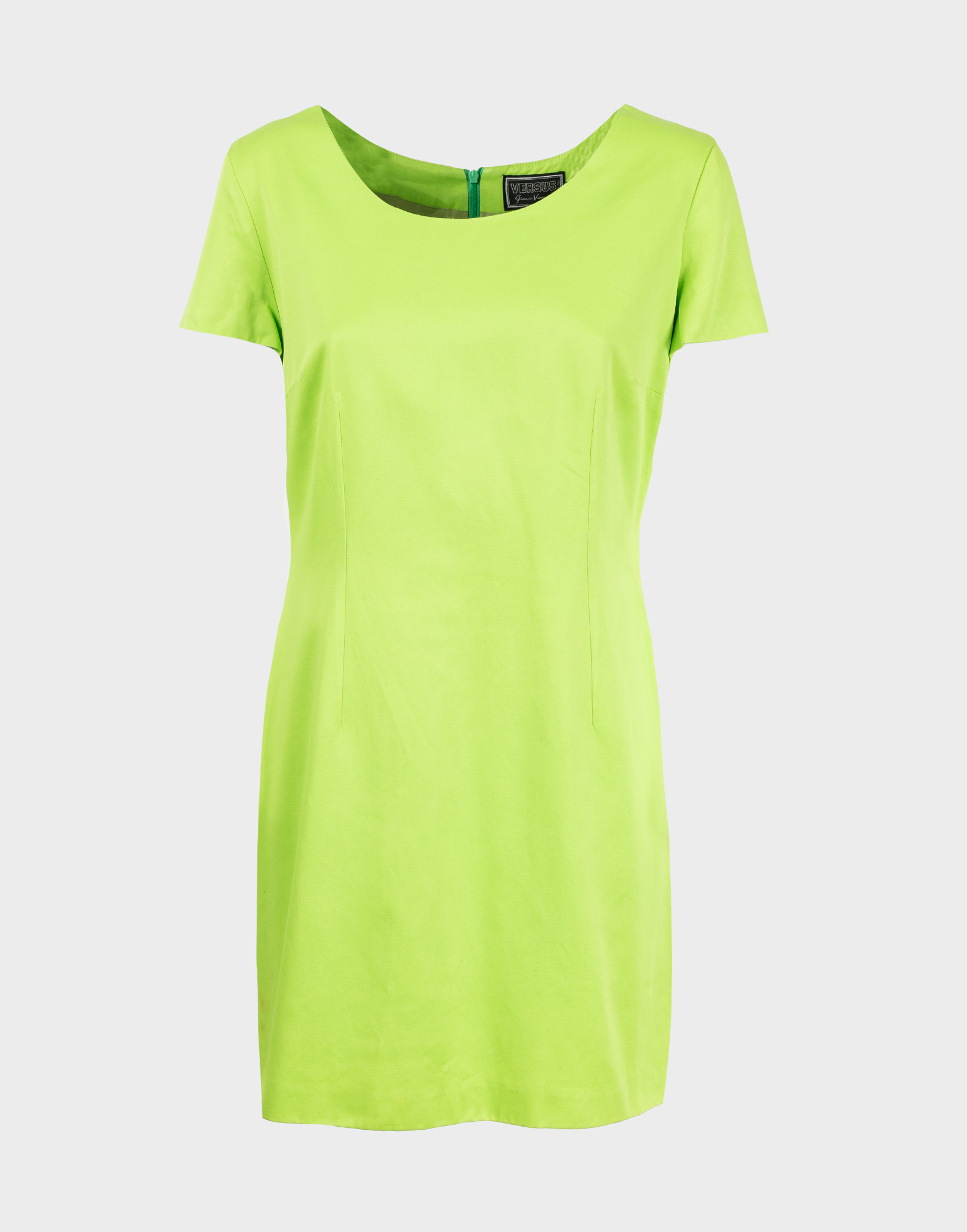 Acid green short-sleeved mini dress with round neckline