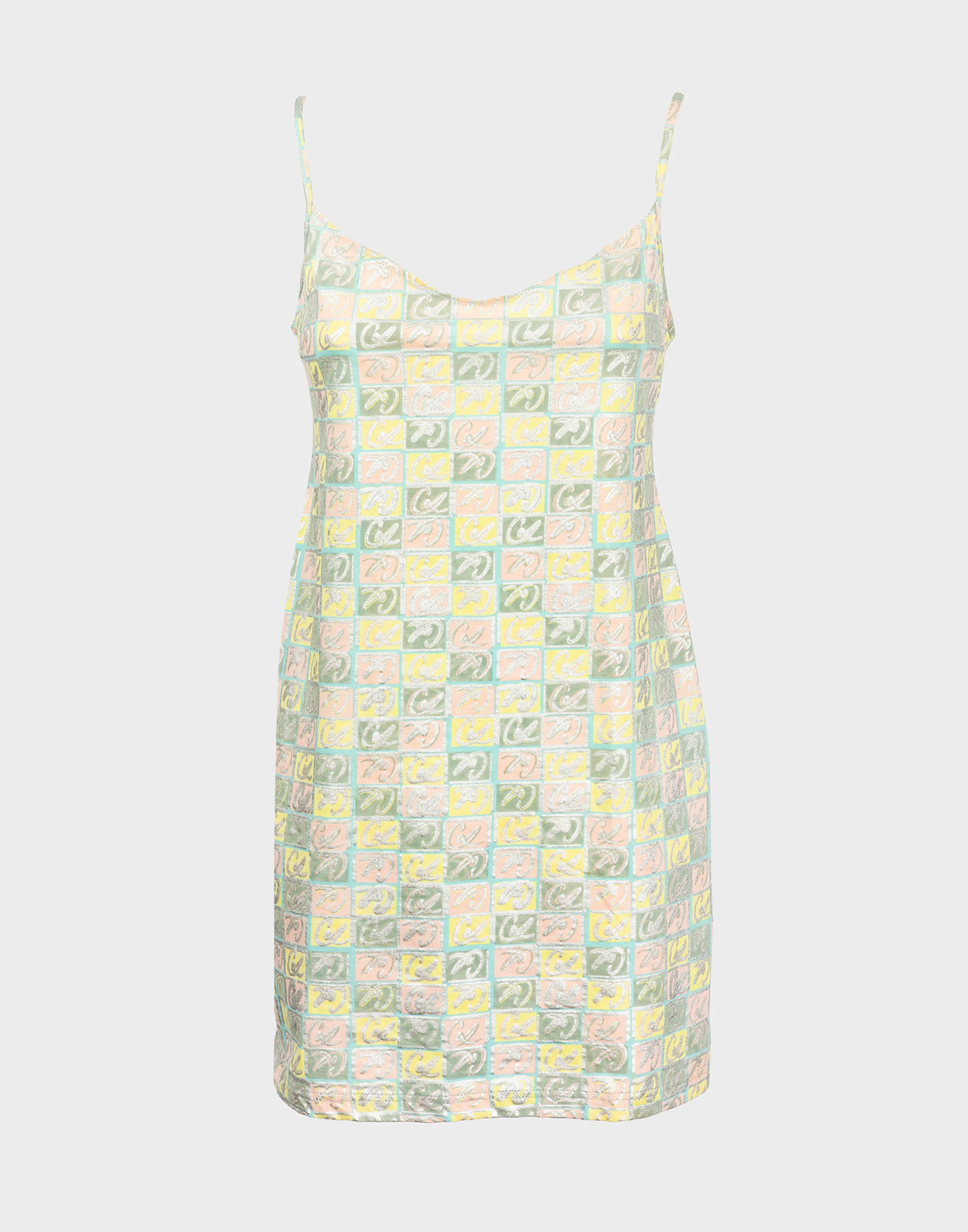 Checkered 2000s short summer dress with thin straps and v-neck, coloured check pattern