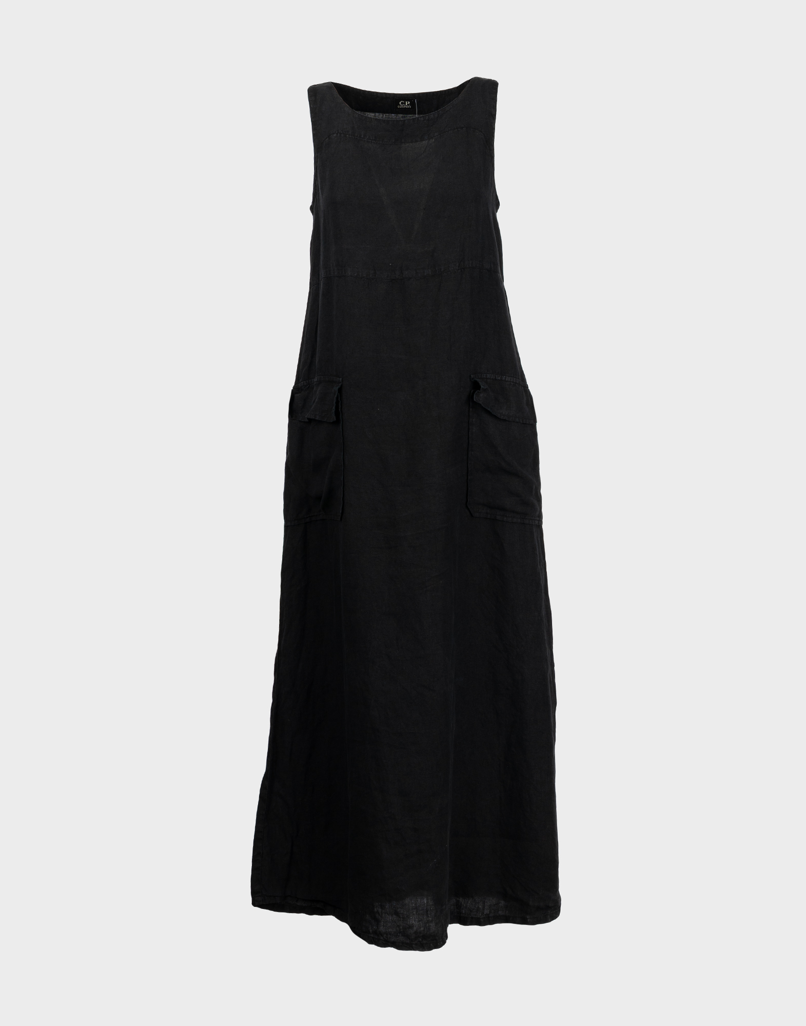 long black sleeveless linen dress with two hip pockets
