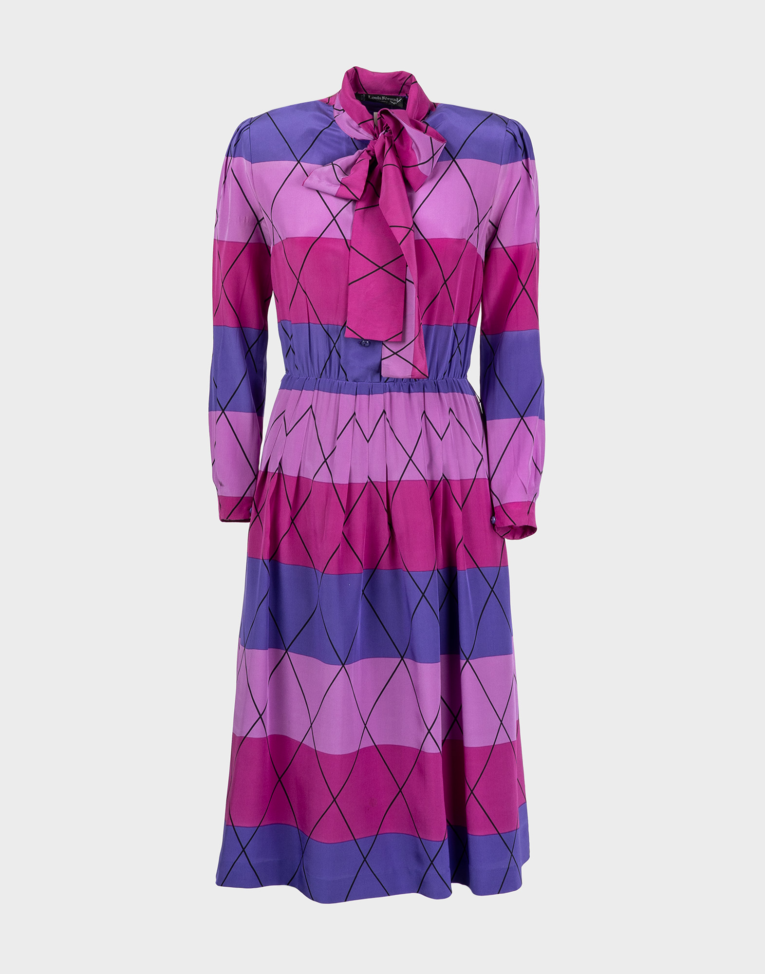 vestito viola, fucsia e rosa con elastico in vita, maniche lunghe, fiocco al collo