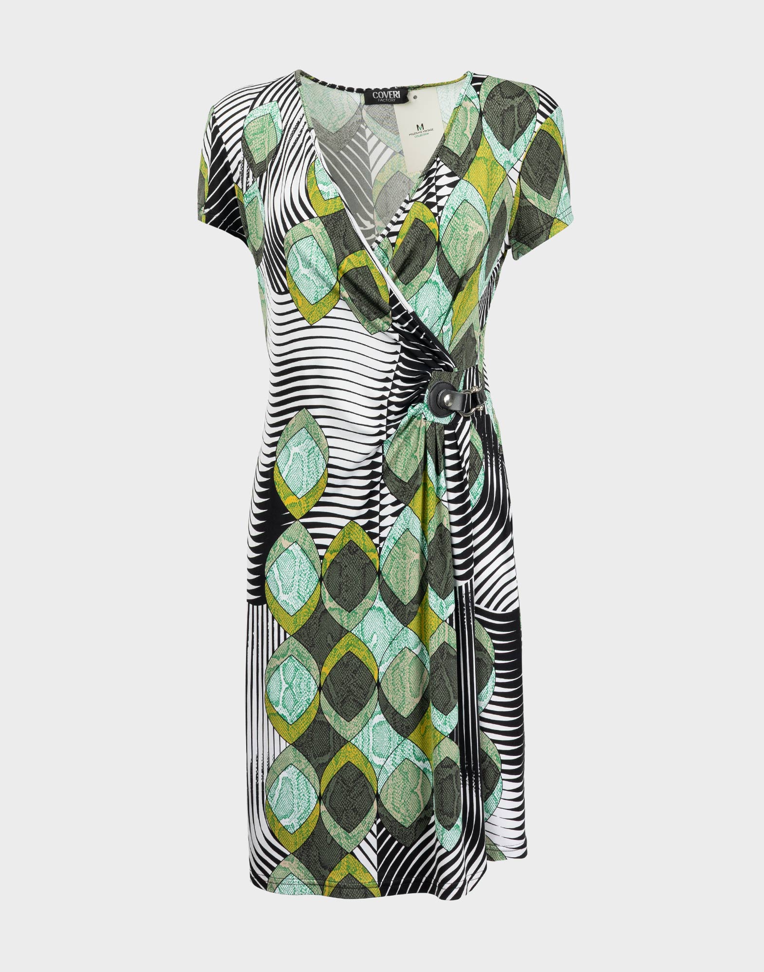 vestito estivo da donna a maniche corte con allacciatura incrociata, scollo a v, fantasia multicolore grigia e verde