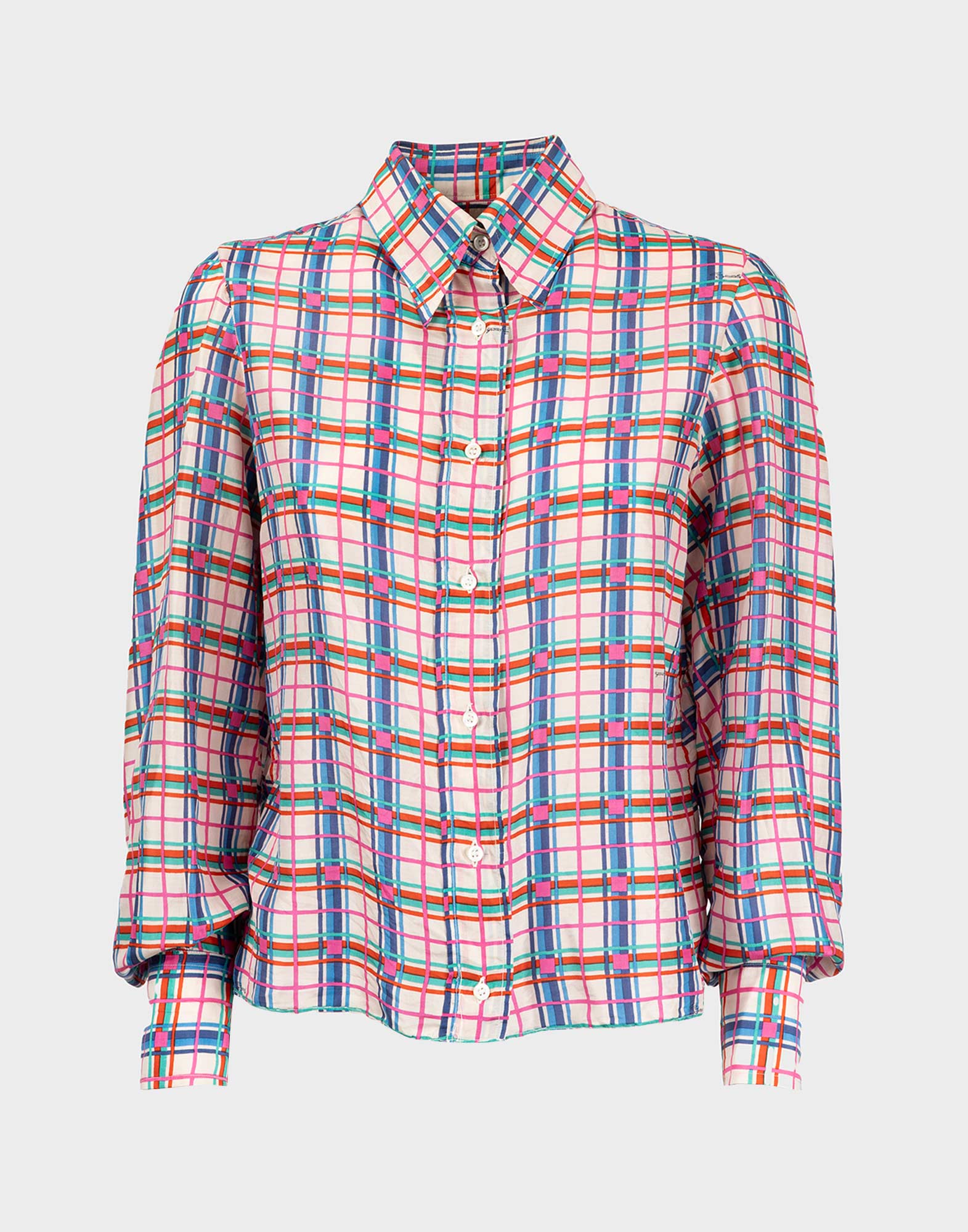 women's long-sleeved silk shirt with blue and red checked pattern