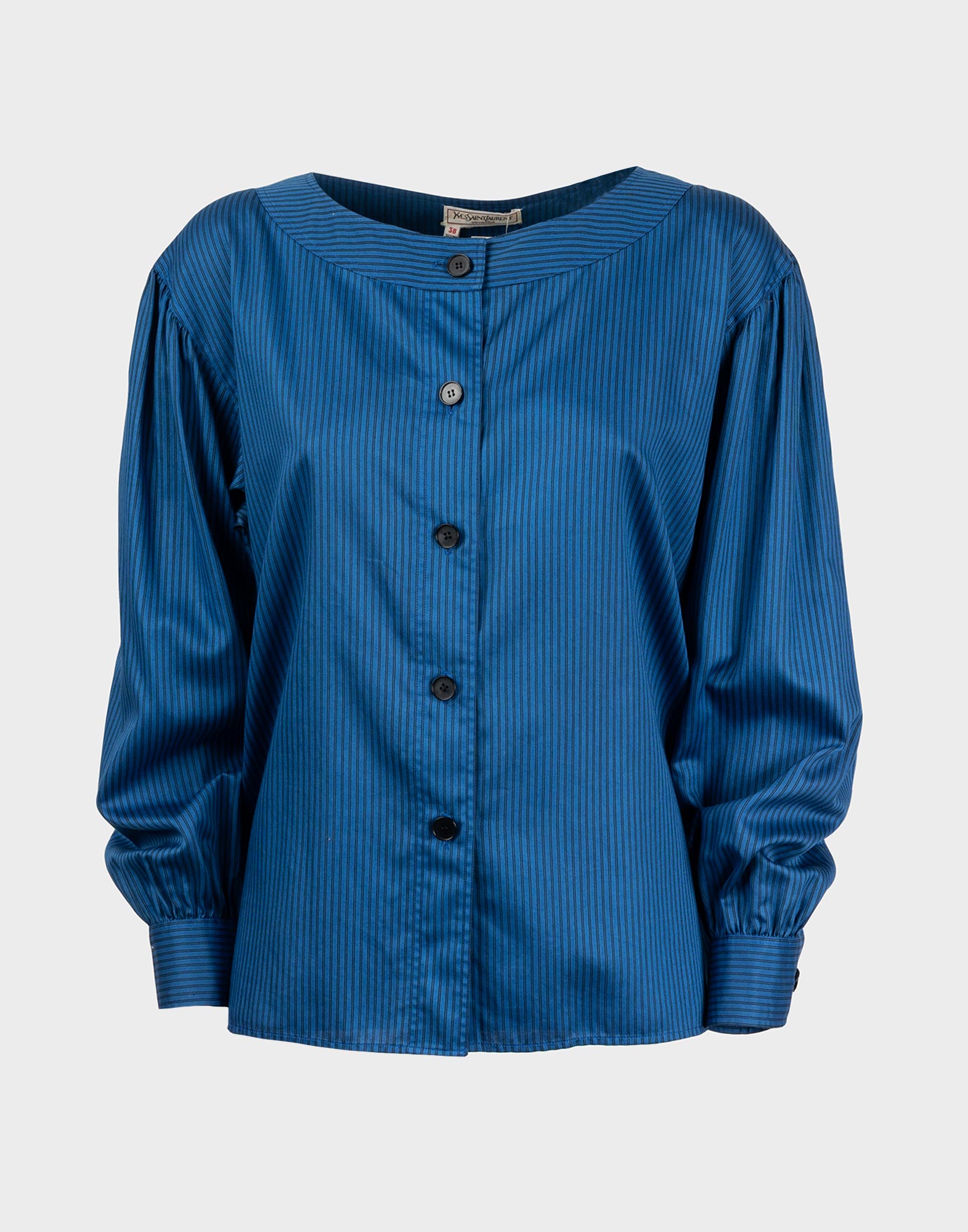camicia blu in cotone anni '80 con fantasia a righe, chiusura anteriore con bottoni neri