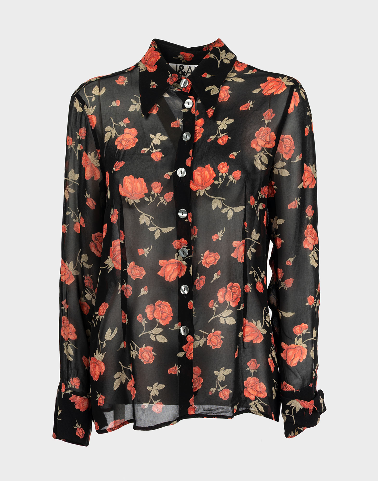 camicia nera da donna a maniche lunghe in tessuto semitrasparente, fantasia di rose rosse.
