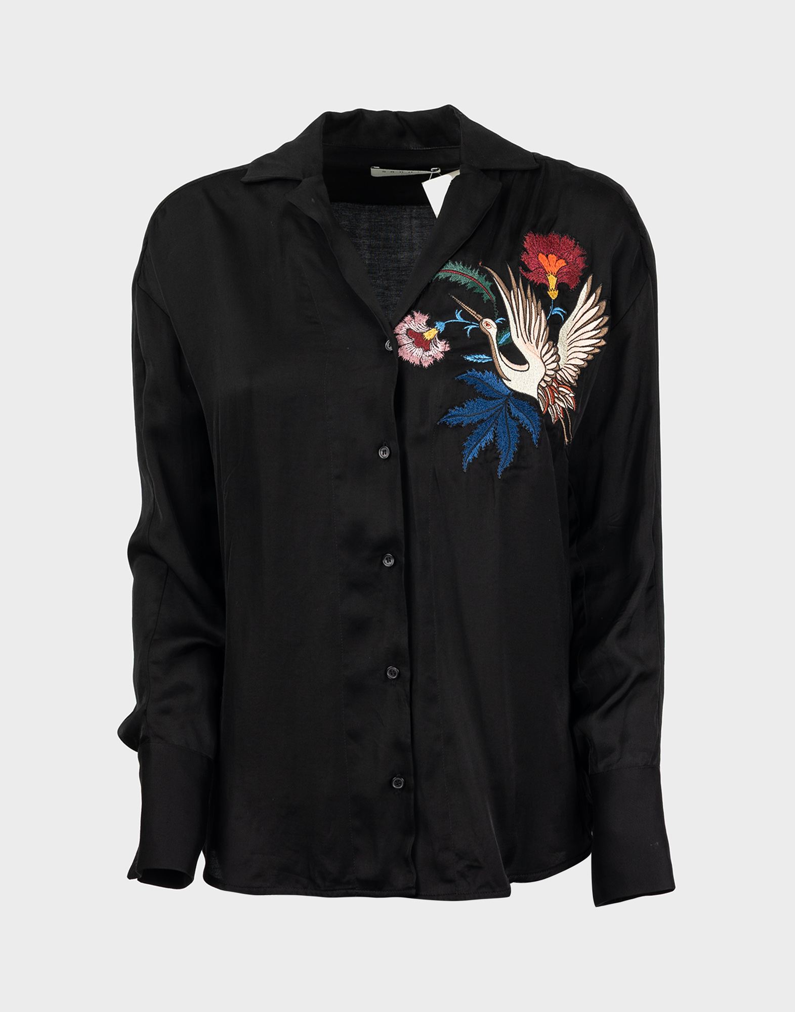 camicia nera in viscosa sandro paris con scollo a v, chiusura anteriore con bottoni, ricamo colorato sul petto