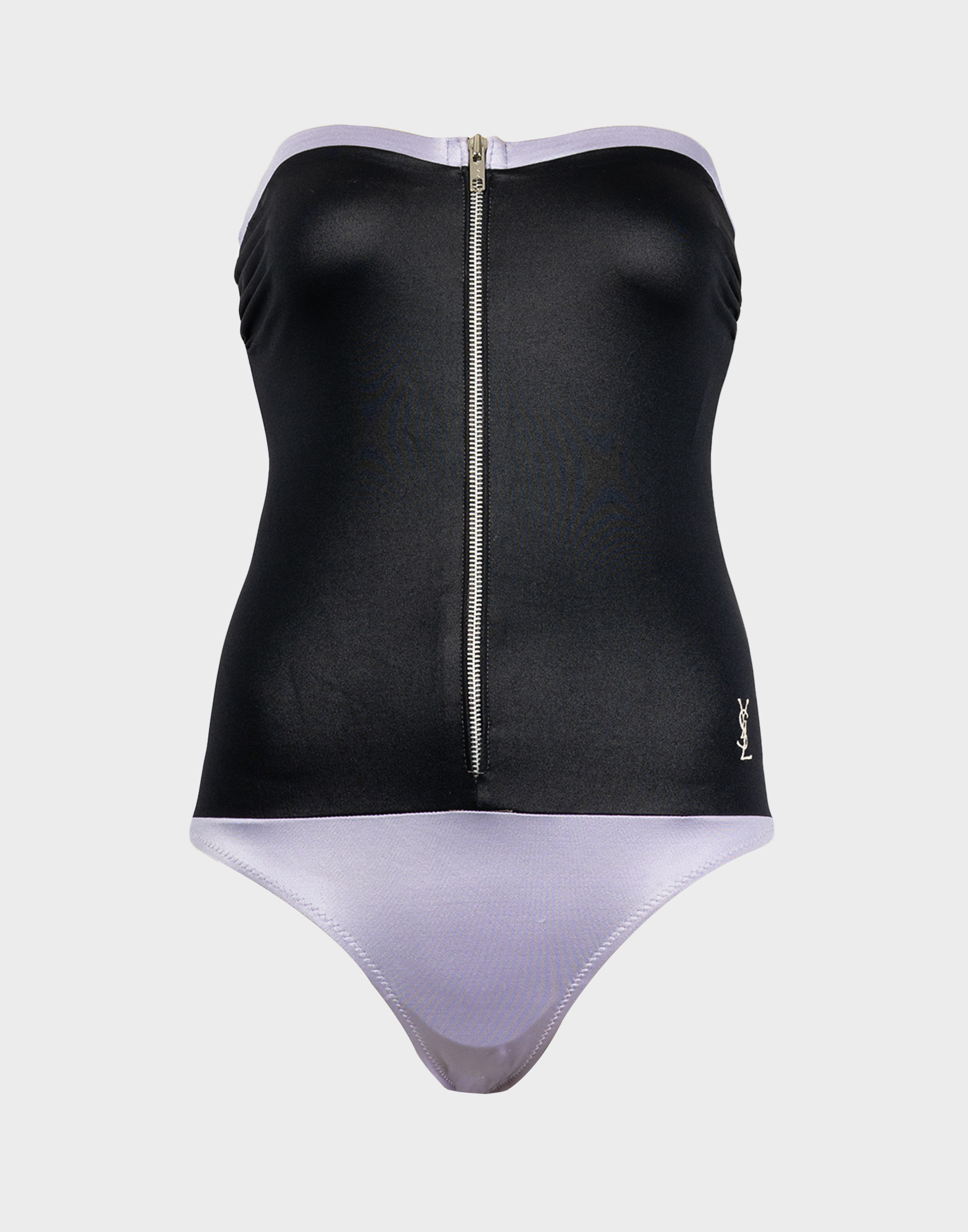 costume intero a fascia nero e viola con cerniera intera sul davanti