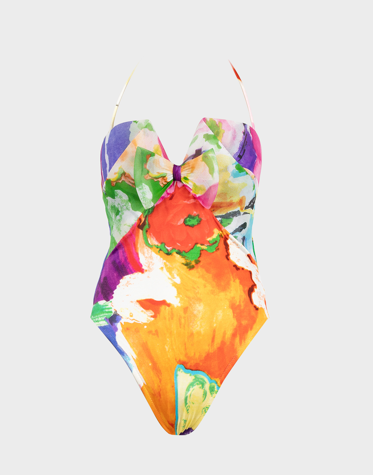 costume intero a fiori con fiocco sullo scollo e laccetto al collo
