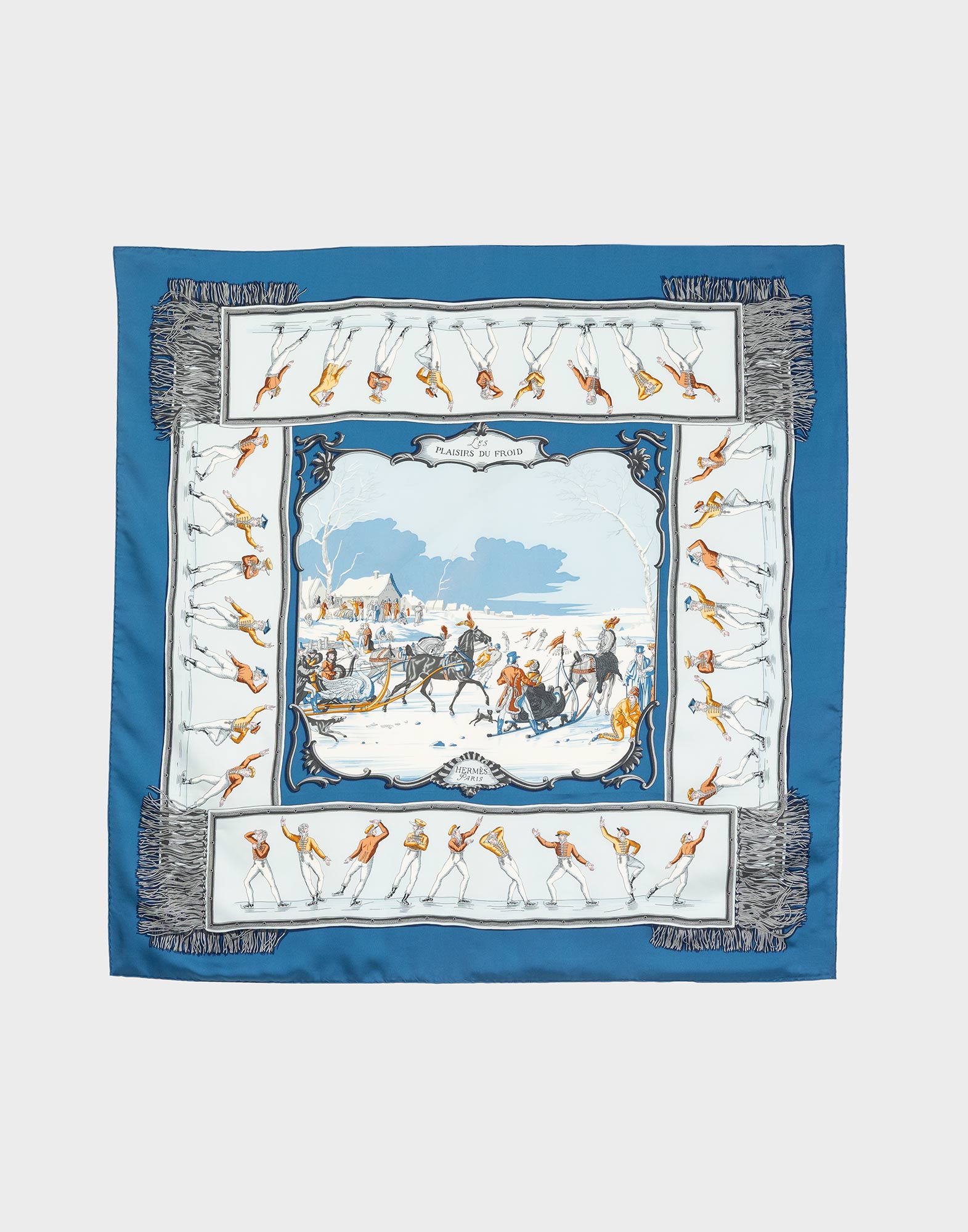 foulard hermes blu Les Plaisirs du Froid con scene di caccia invernale