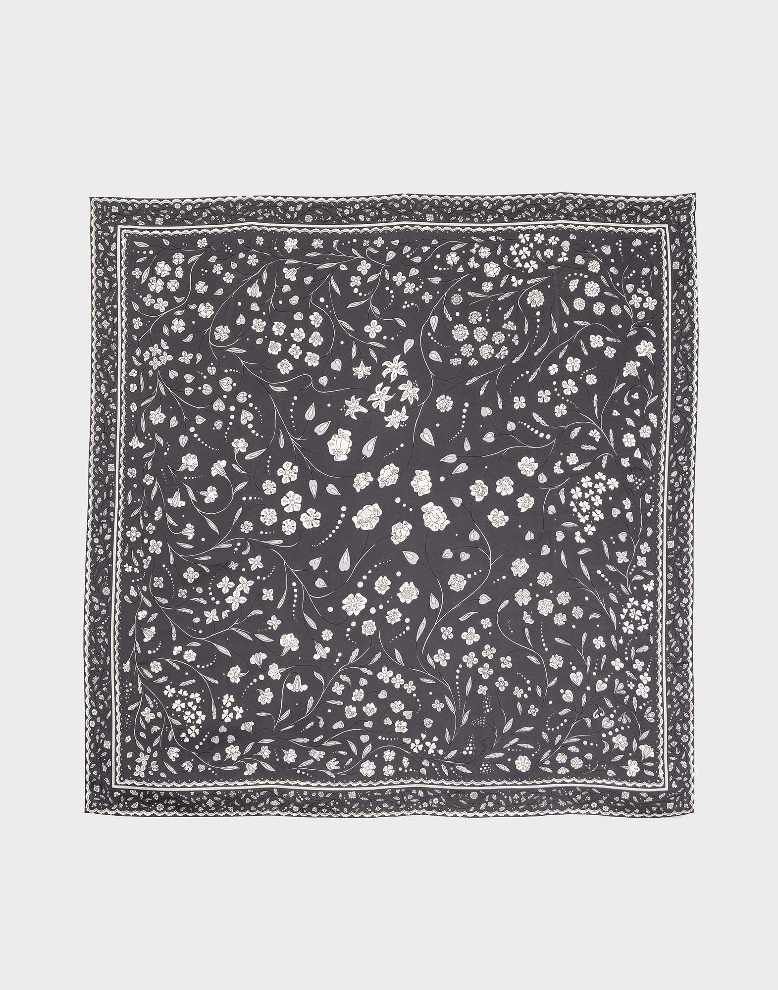 foulard emilio pucci quadrato con sfondo grigio e fantasia floreale bianca
