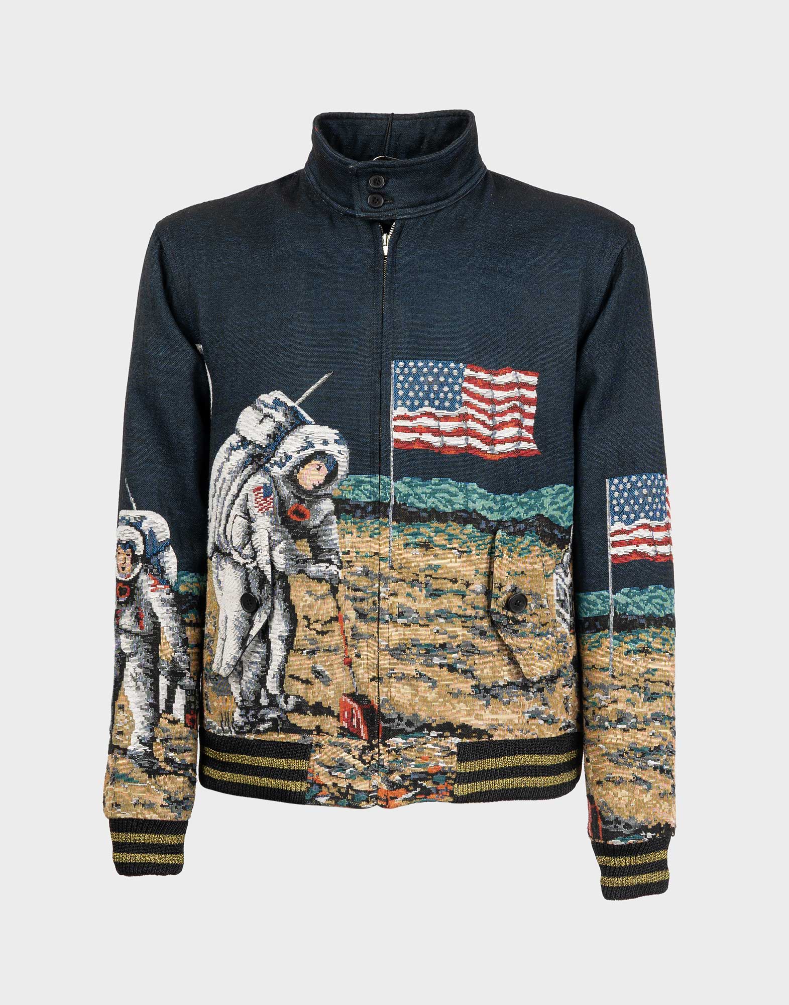 giubbotto moonlight saint laurent da uomo blu con ricamato astronauta americano sulla luna, chiusura anteriore con cerniera