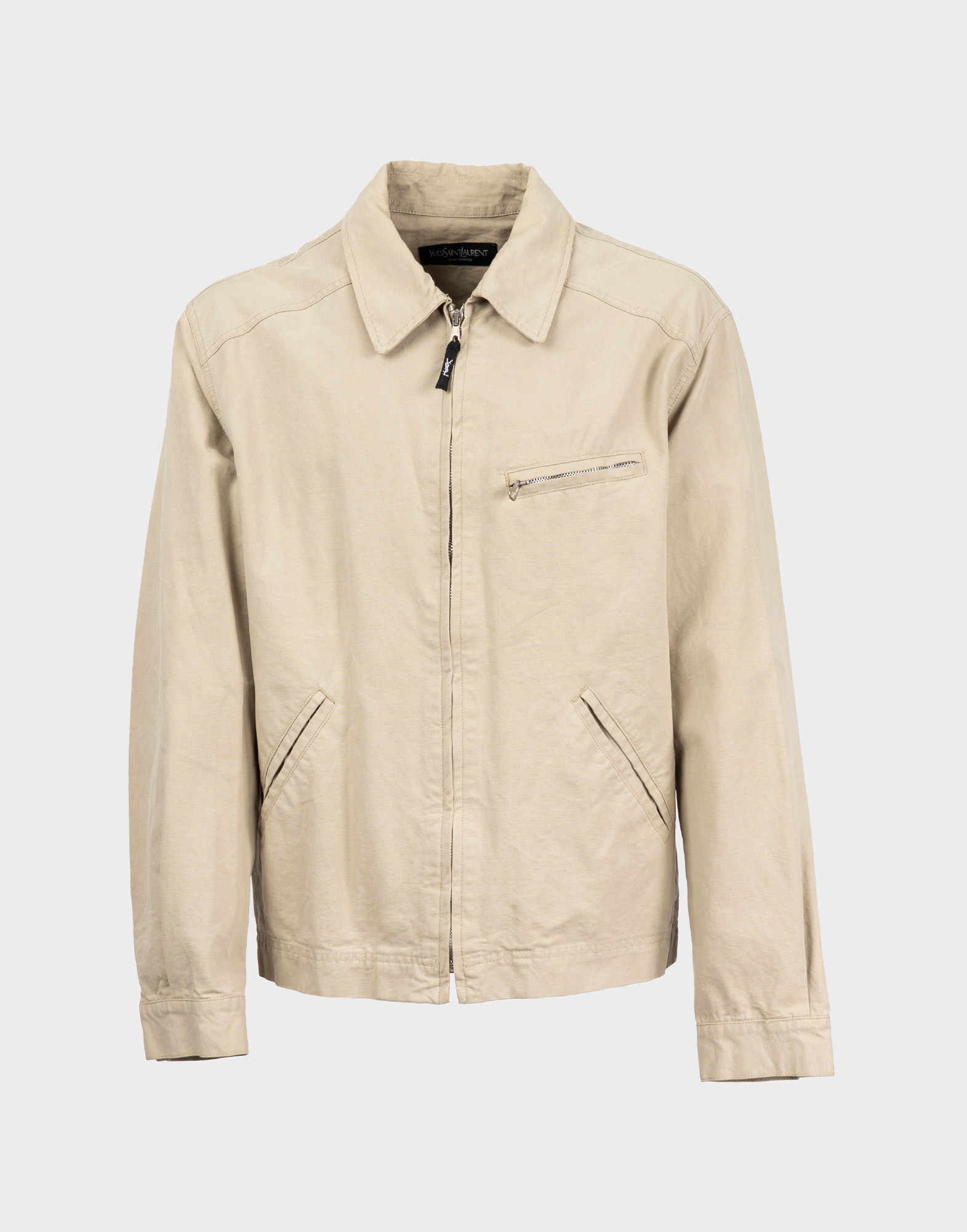 giubbotto yves saint laurent beige in cotone, chiusura anteriore con cerniera, tre tasche sul davanti