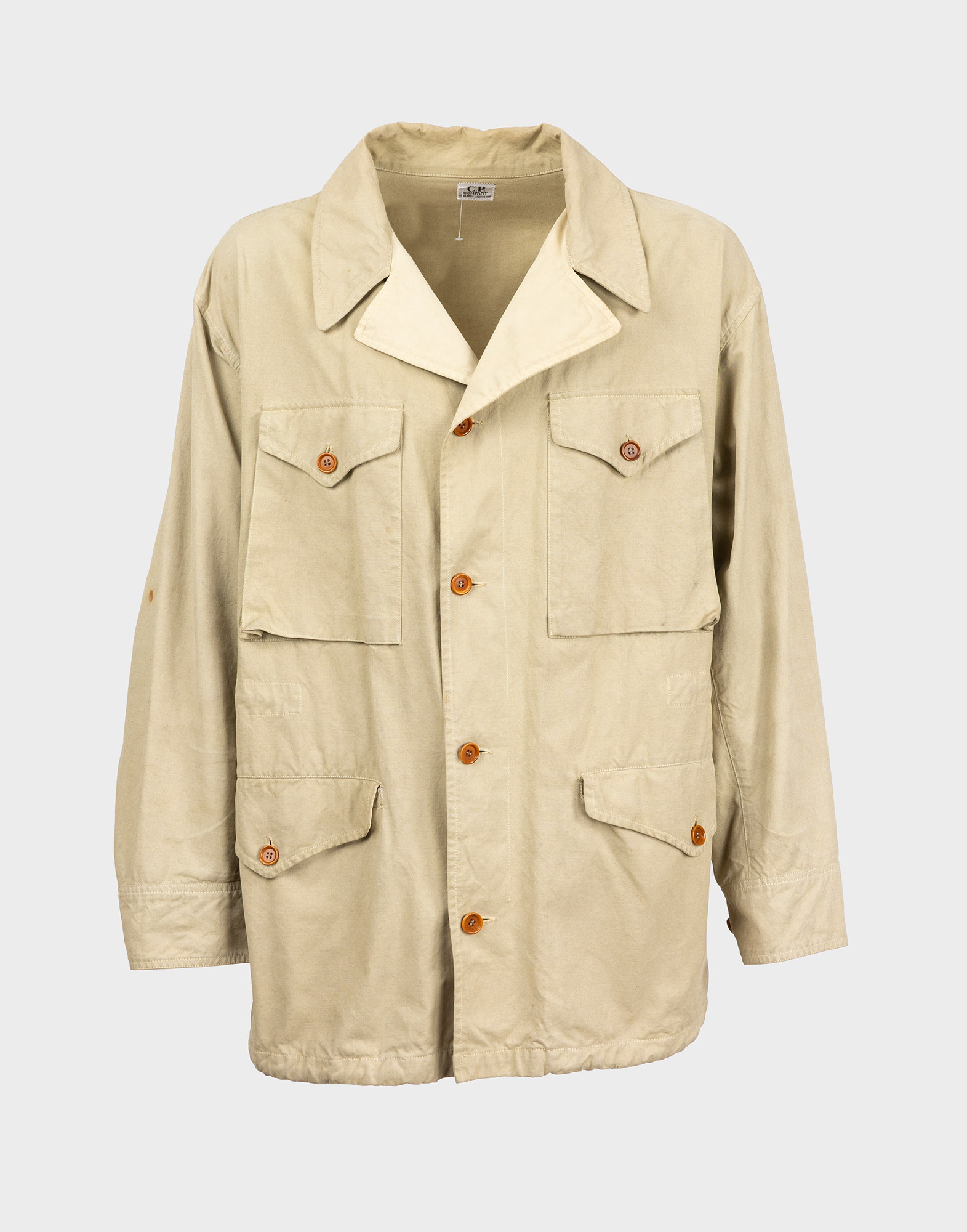 giubbotto leggero da uomo beige in cotone, chiusura anteriore con bottoni marroni, quattro tasche sul davanti