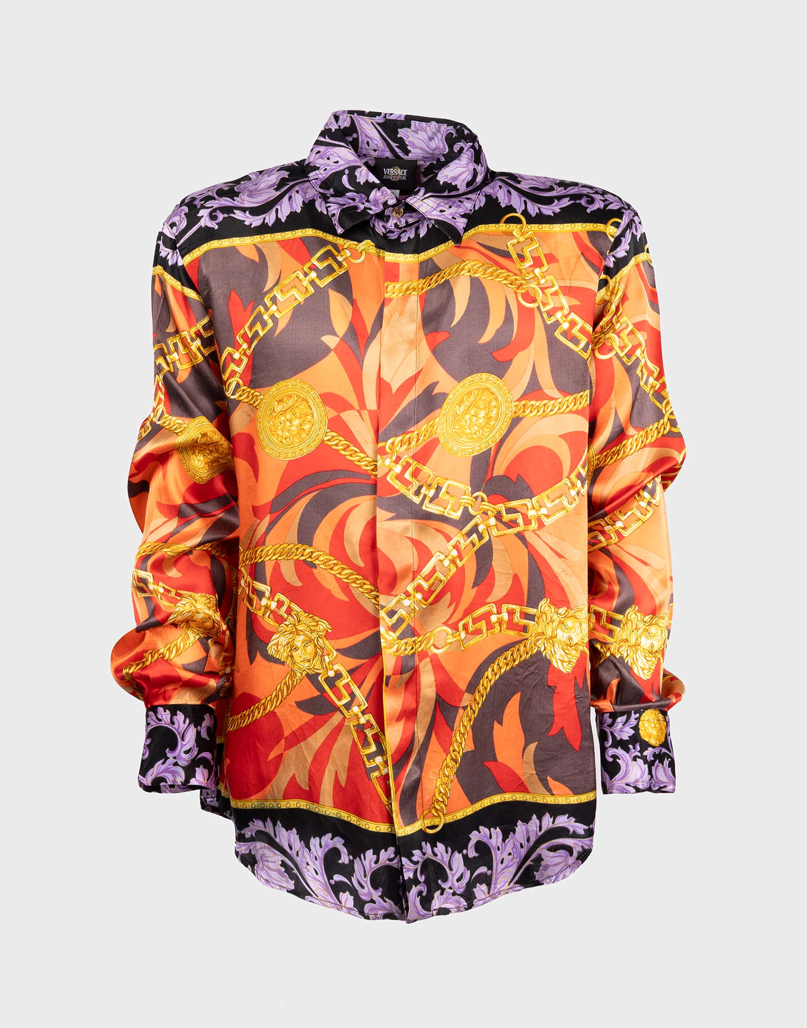 Orange and purple long-sleeved viscose men's shirt with baroque pattern