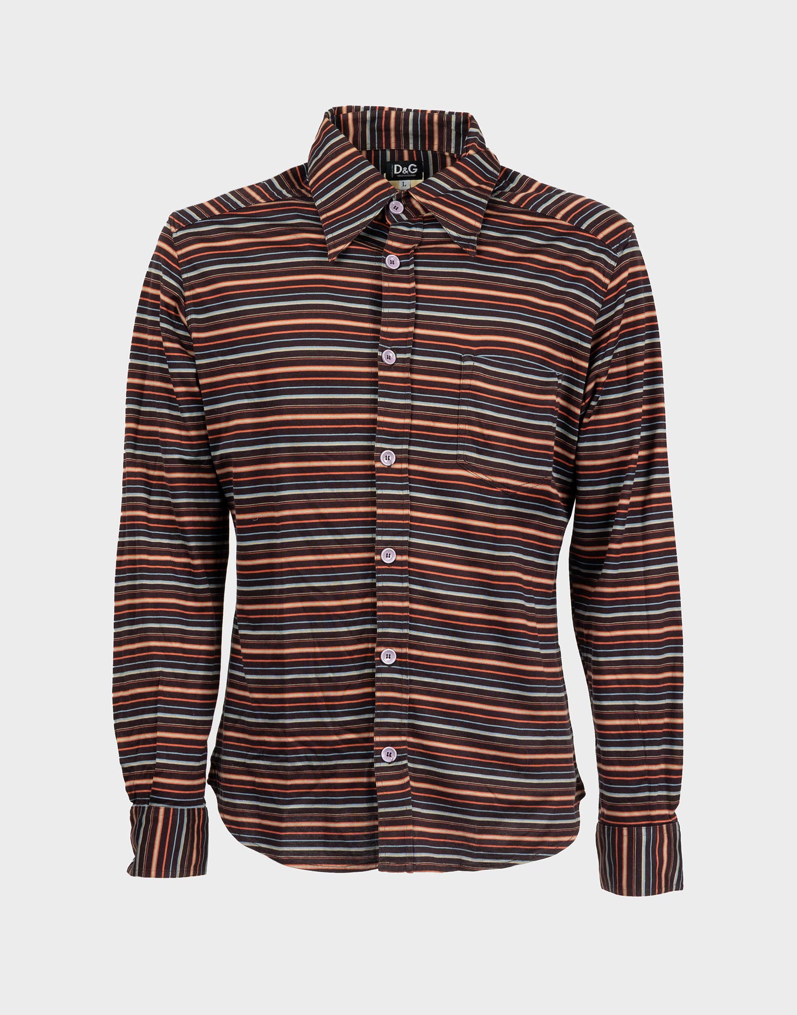 camicia marrone da uomo a maniche lunghe con fantasia righe orizzontali arancioni e azzurre