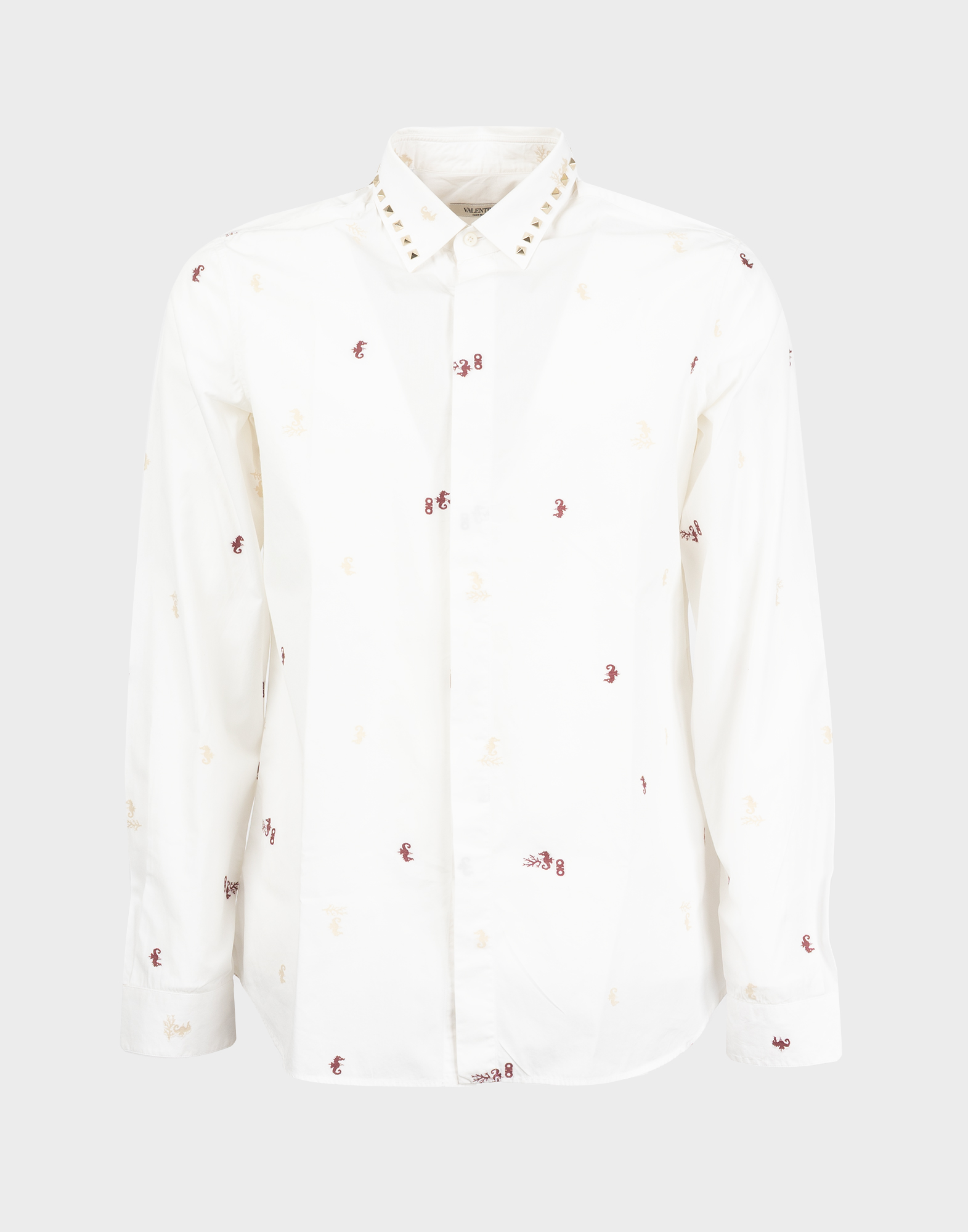 camicia valentino da uomo bianca in cotone con cavallini rossi ricamati, borchie argento sul colletto