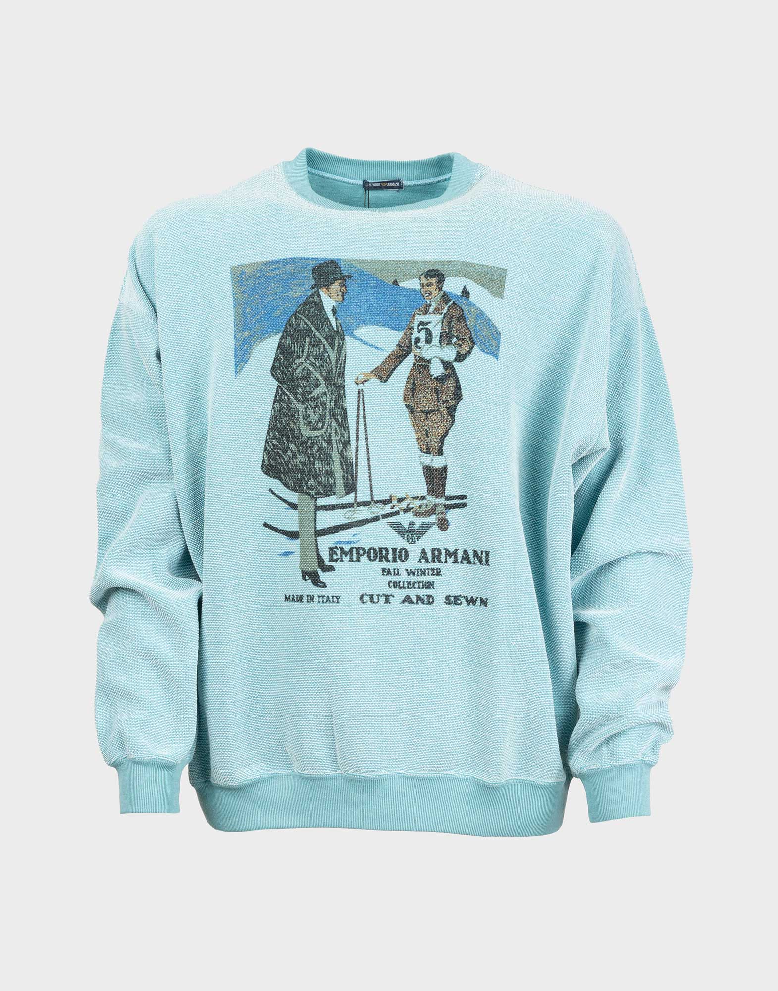 felpa celeste da uomo vintage anni '80 con stampa sul davanti cut and sewn winter collection