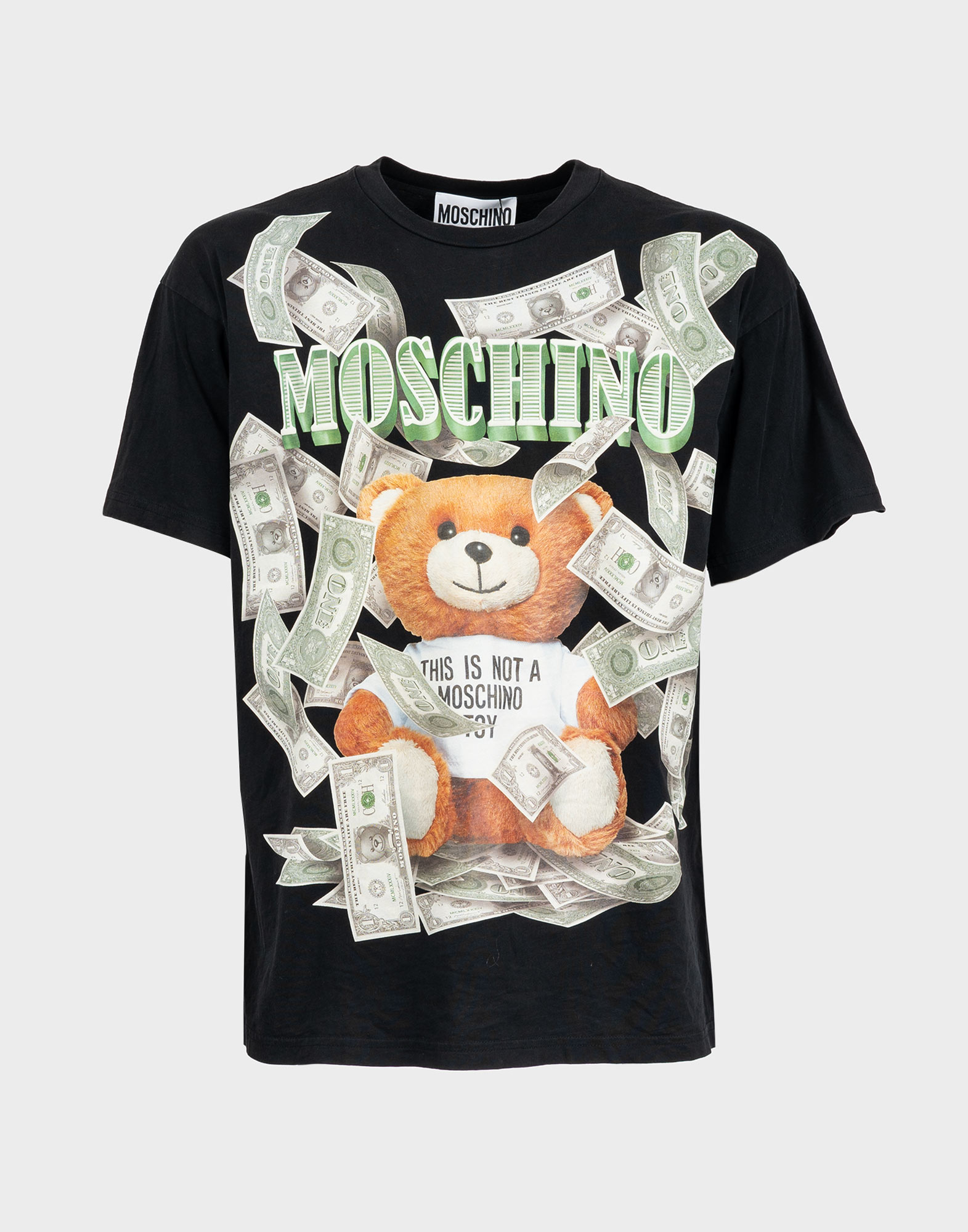 Black short-sleeved moschino couture T-shirt with dollar teddy print on front