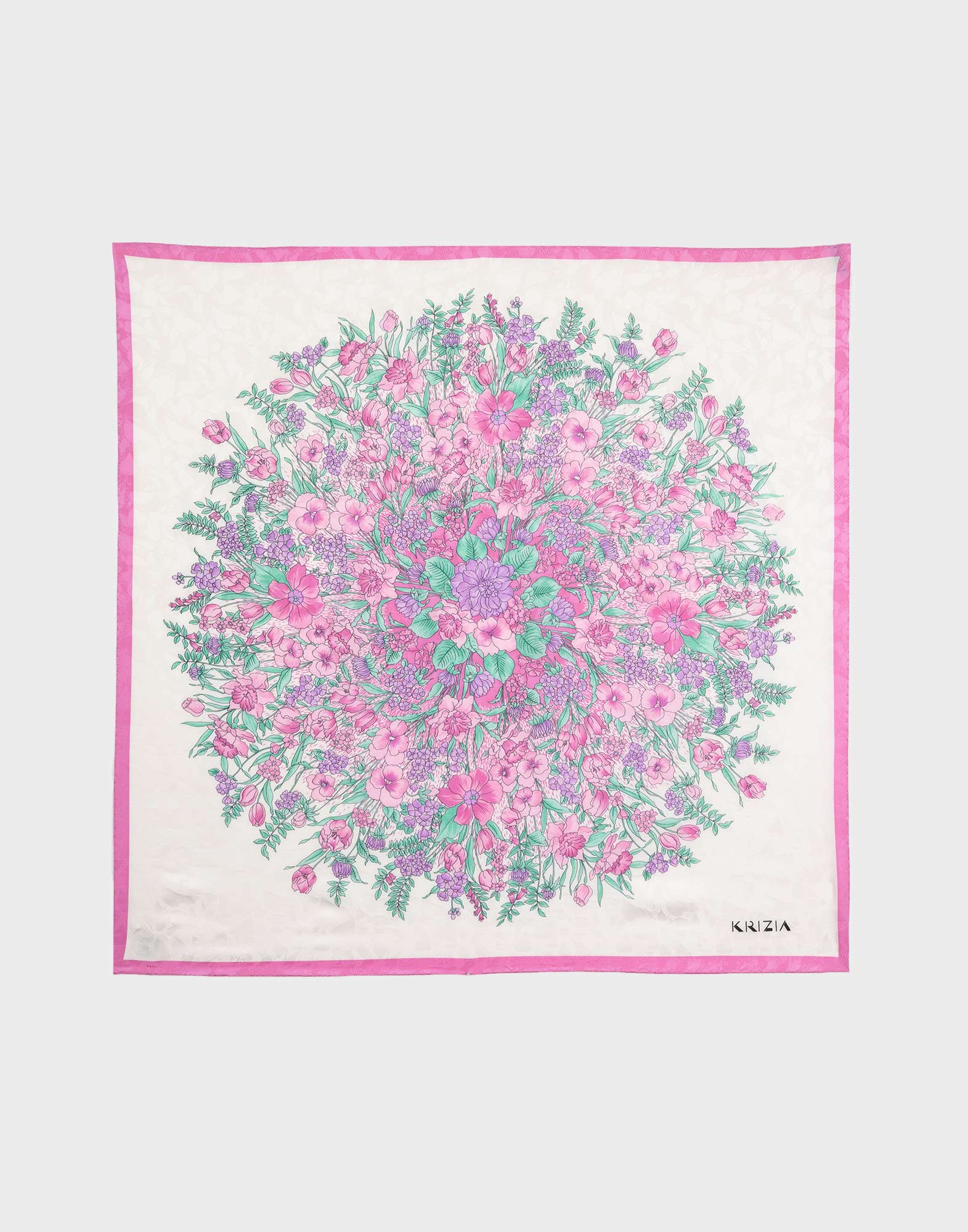 ivory jacquard silk square scarf with pink flower bouquet in centre