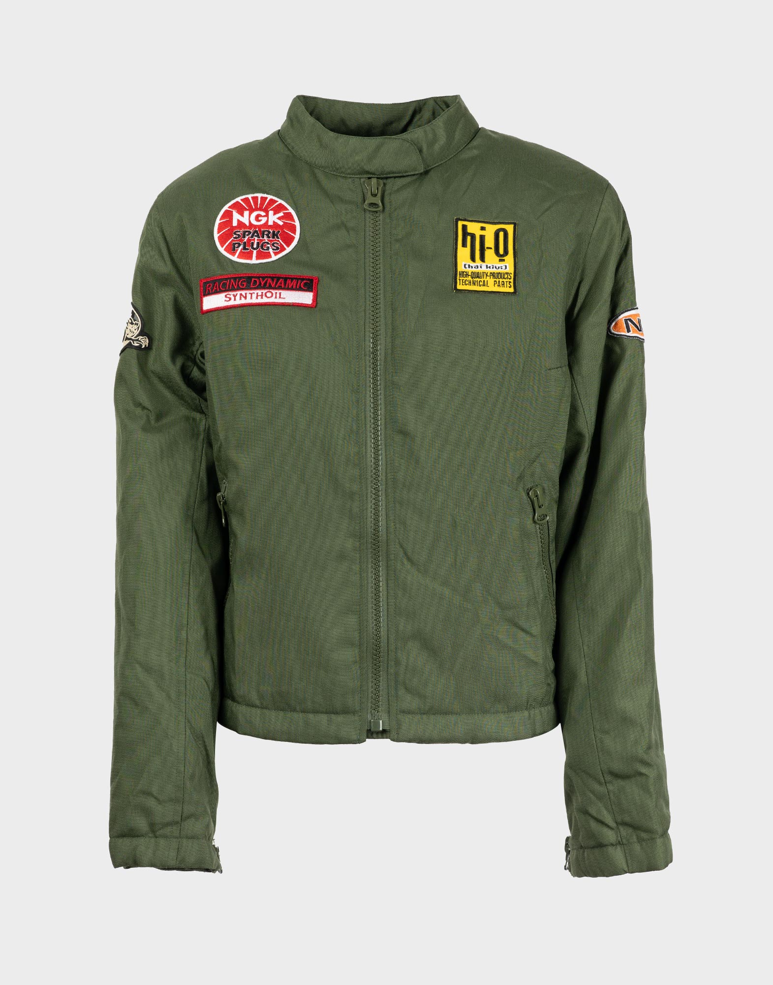 giubbotto verde vintage da donna modello racing con patches sulle spalle, chiusura anteriore con cerniera