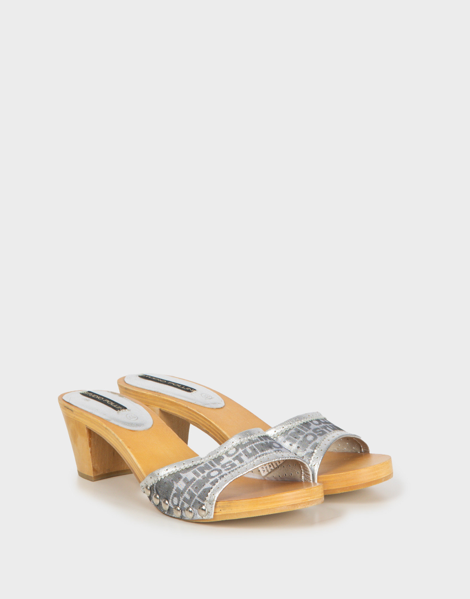 Studio Pollini - Zoccoli in legno con tela argento - immagine 2