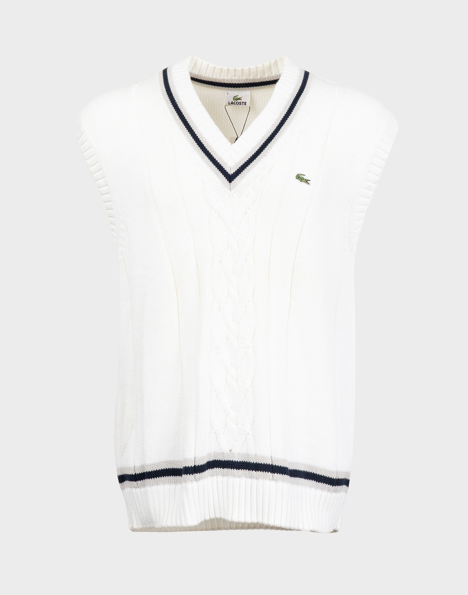 gilet bianco da uomo lacoste in 100% lana, scollo a v, logo lacoste sul petto