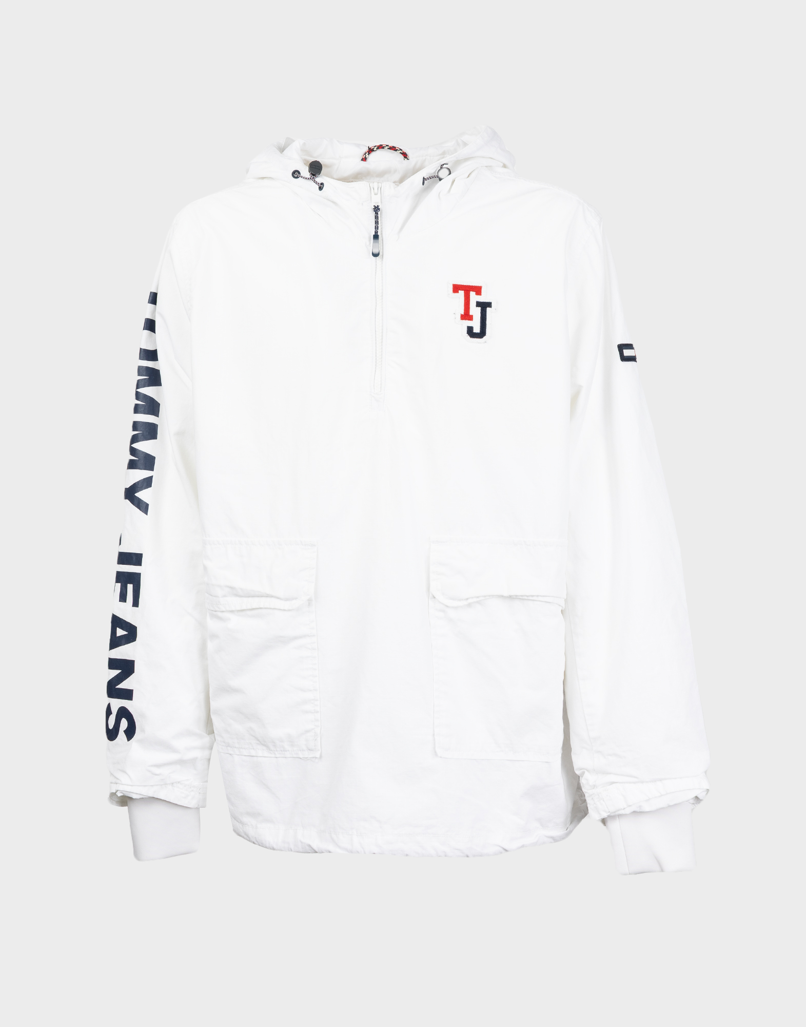 giubbotto bianco tommy hilfiger con tasca a marsupio, cappuccio e logo sulla manica