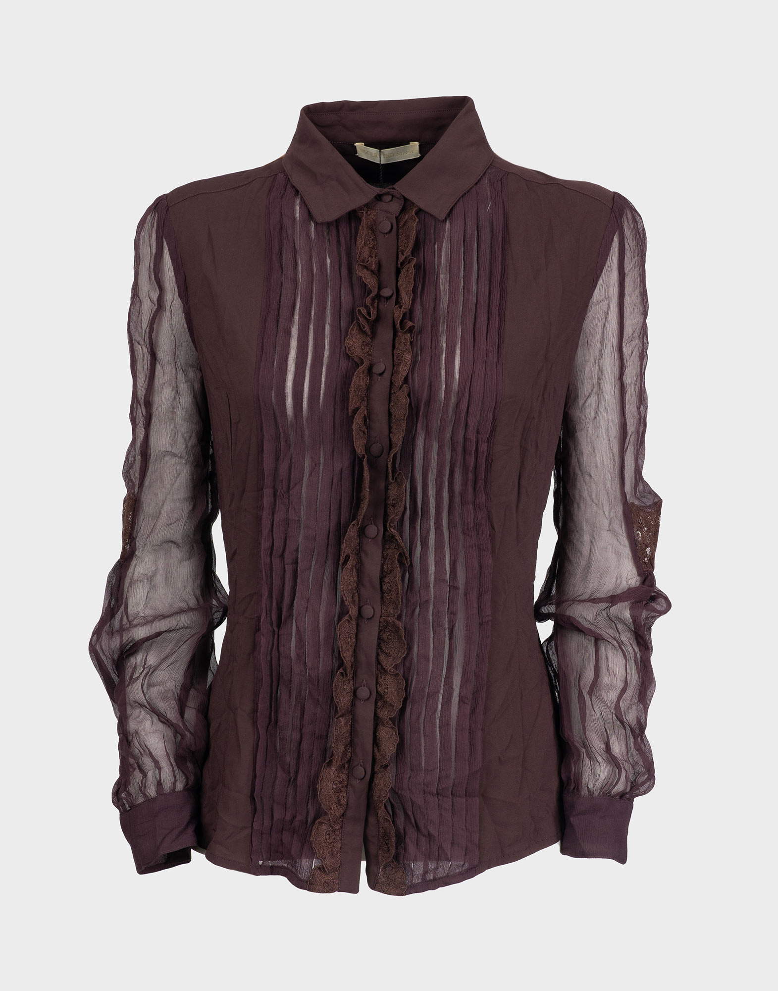 camicia da donna a maniche lunghe color burgundy in tessuto trasparente, plissettata sul davanti