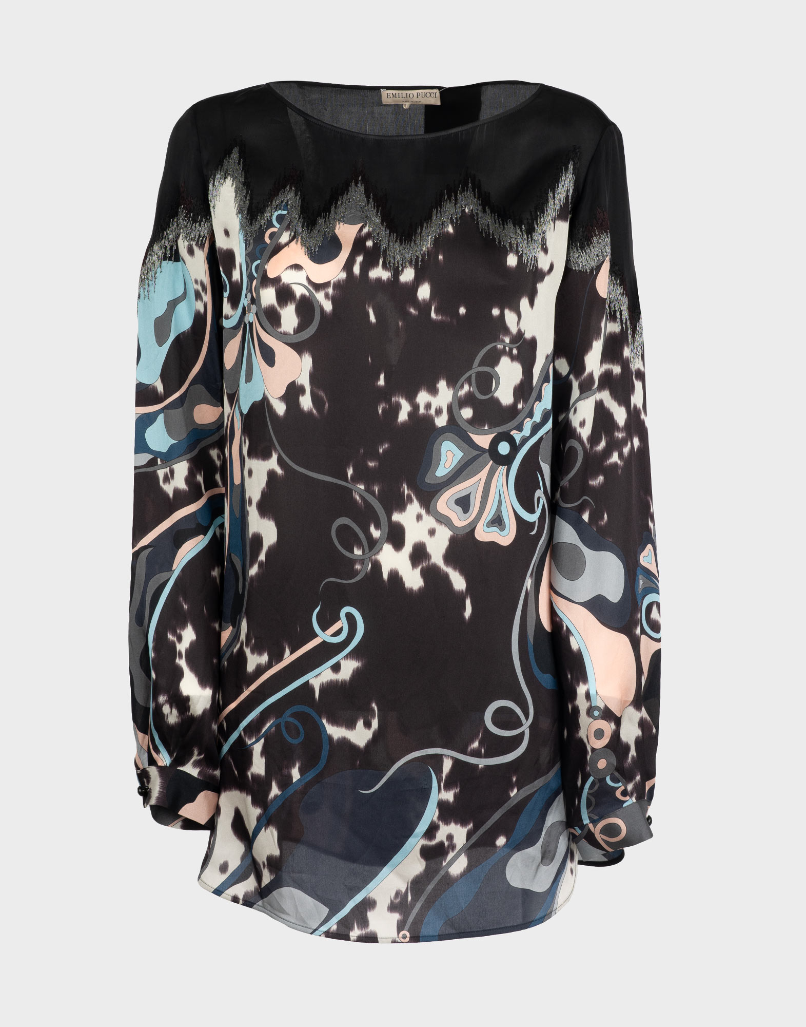 blusa da donna nera a maniche lunghe con fantasia multicolore azzurra e rosa