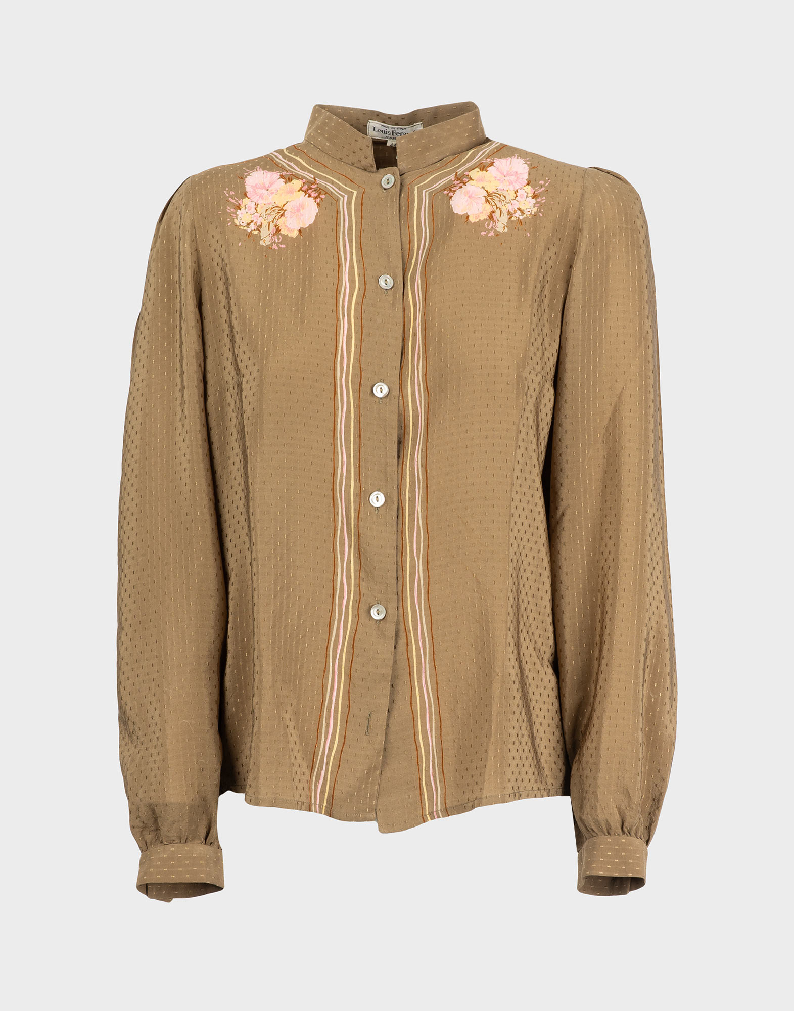 louis feraud green silk jacquard shirt with pink flowers on the shoulders
