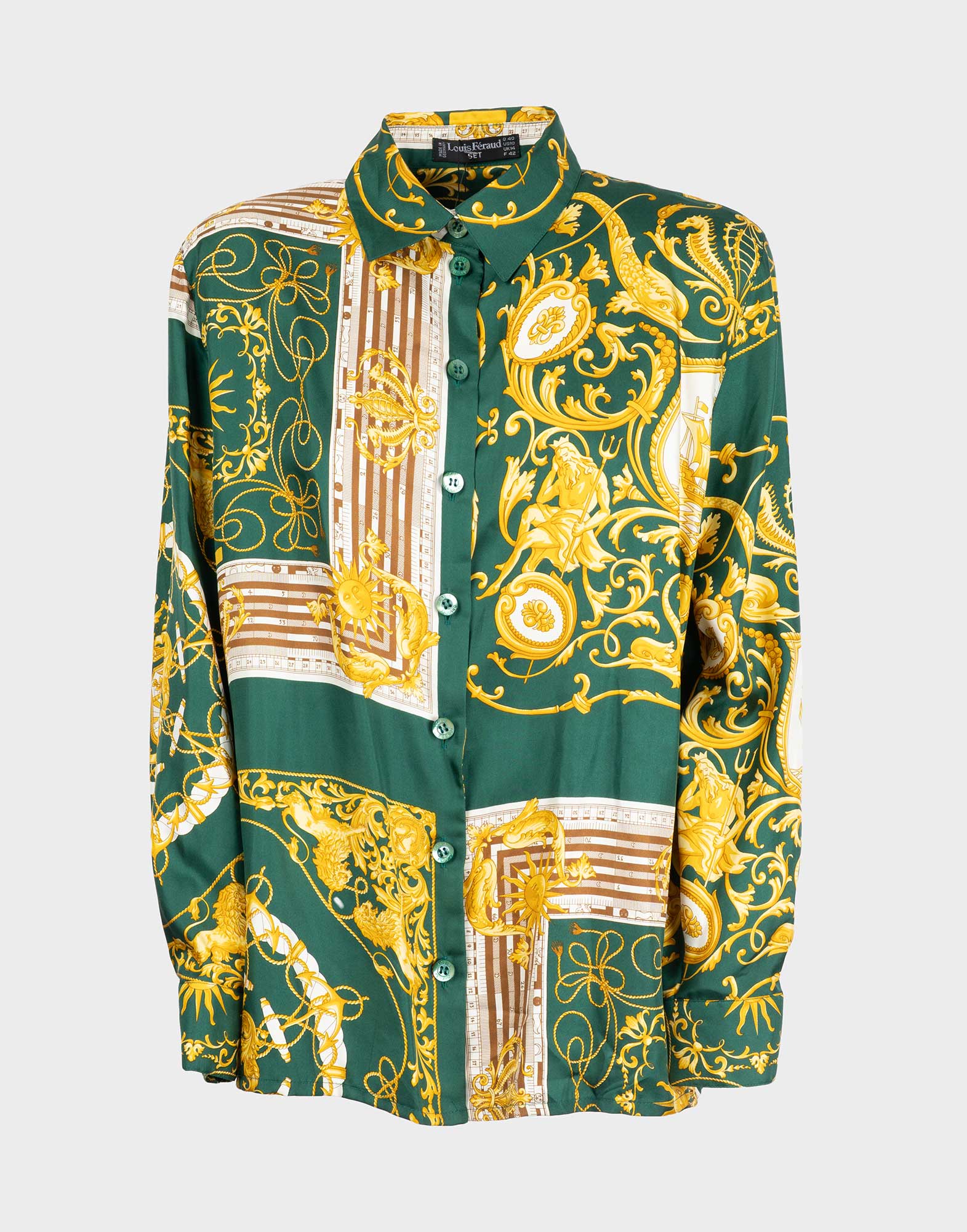 camicia verde in seta da donna louis feraud anni '90 con fantasia barocca gialla