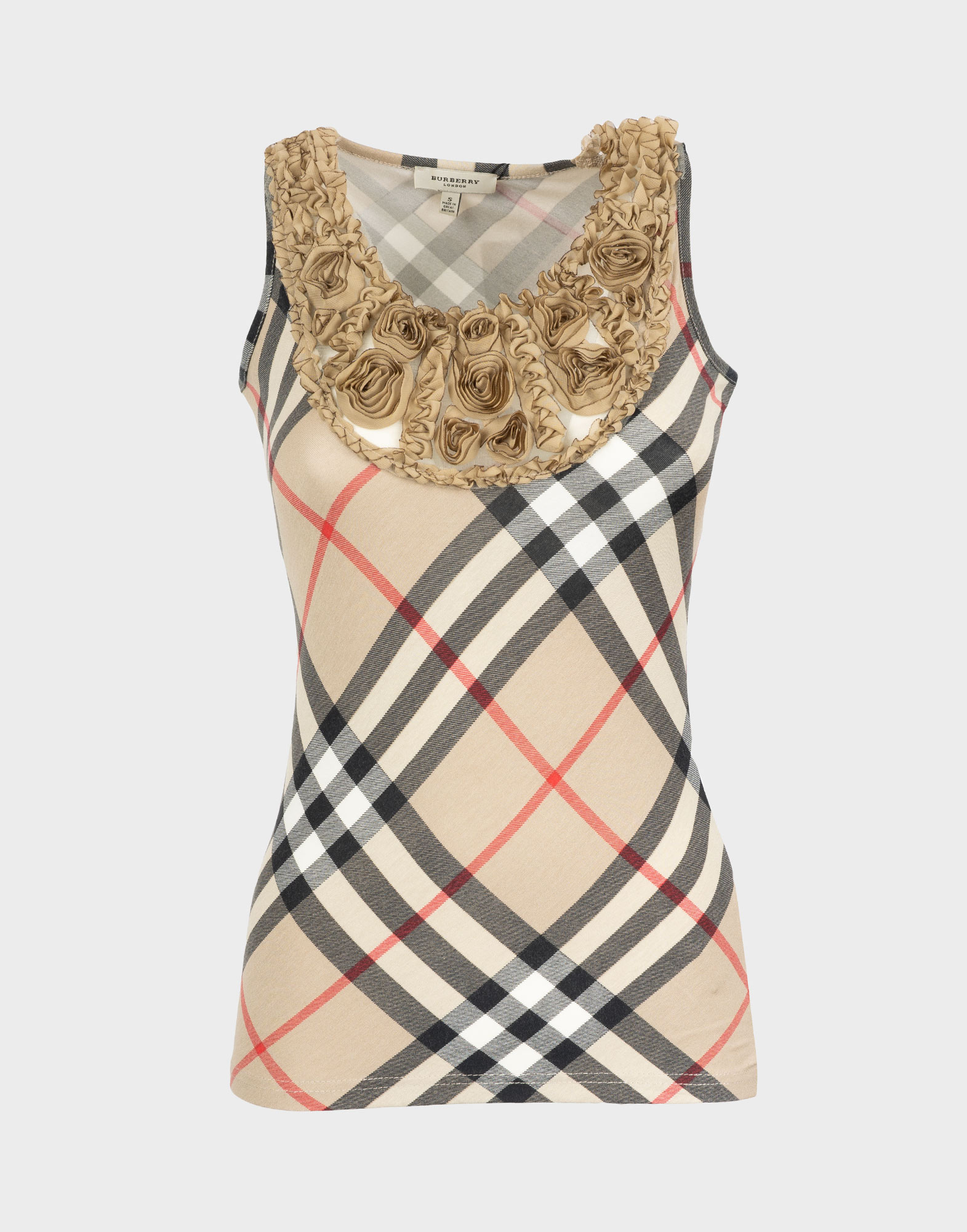 tank top burberry check in cotone con applicazione di fiori sullo scollo