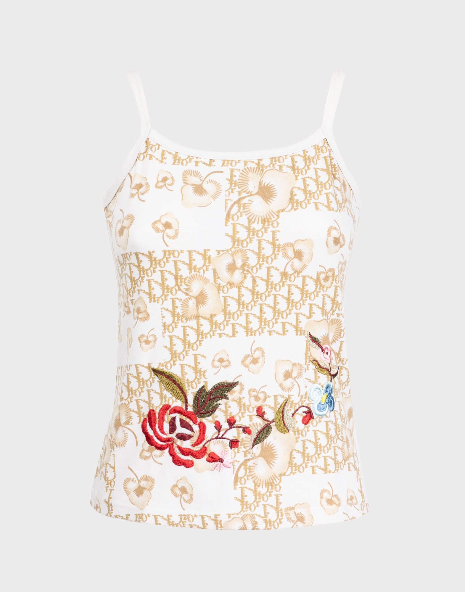 top bianco da donna anni '90 con fantasia monogramma beige e fantasia floreale