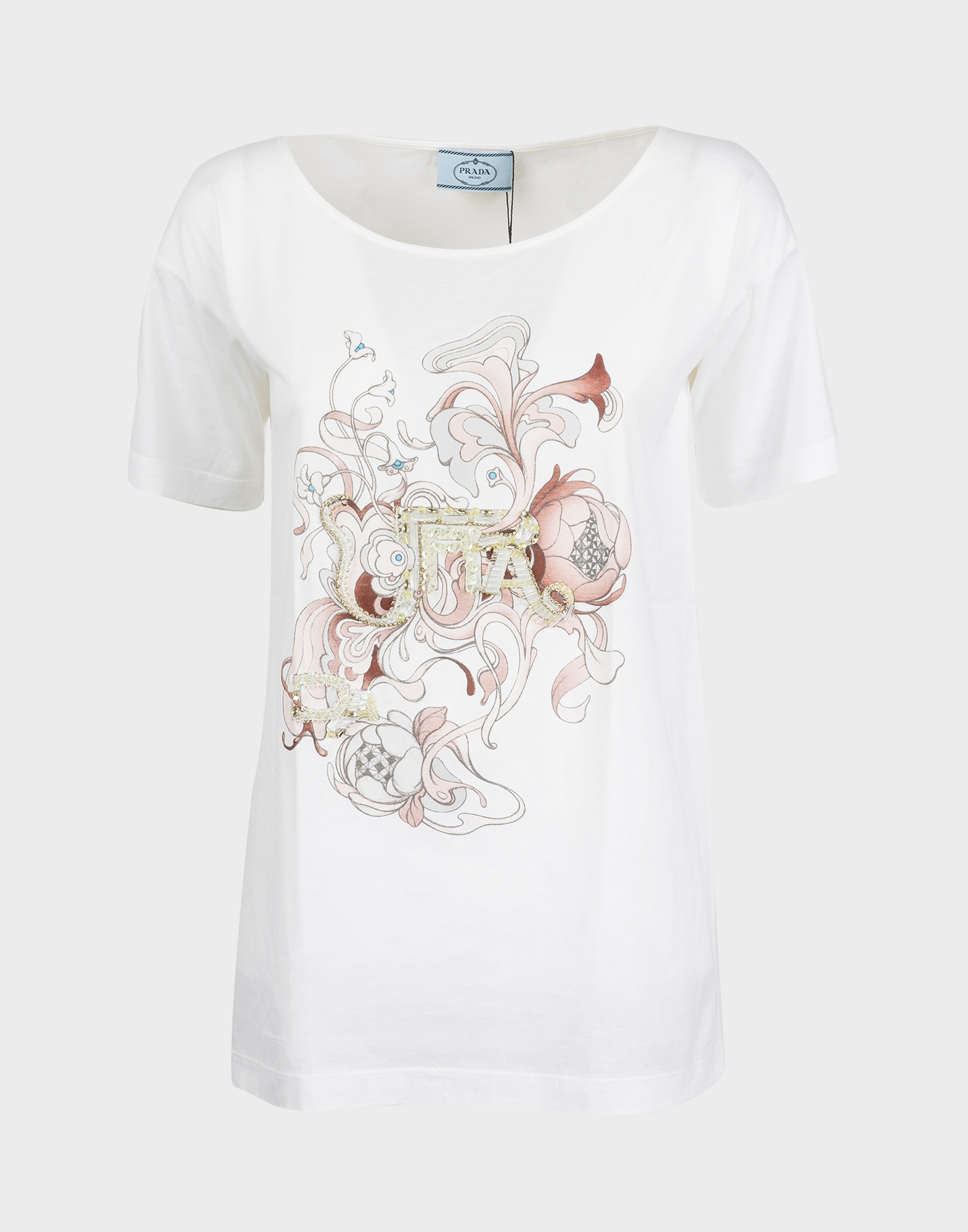 white women's short-sleeved T-shirt with floral pattern on the front and beaded appliqués