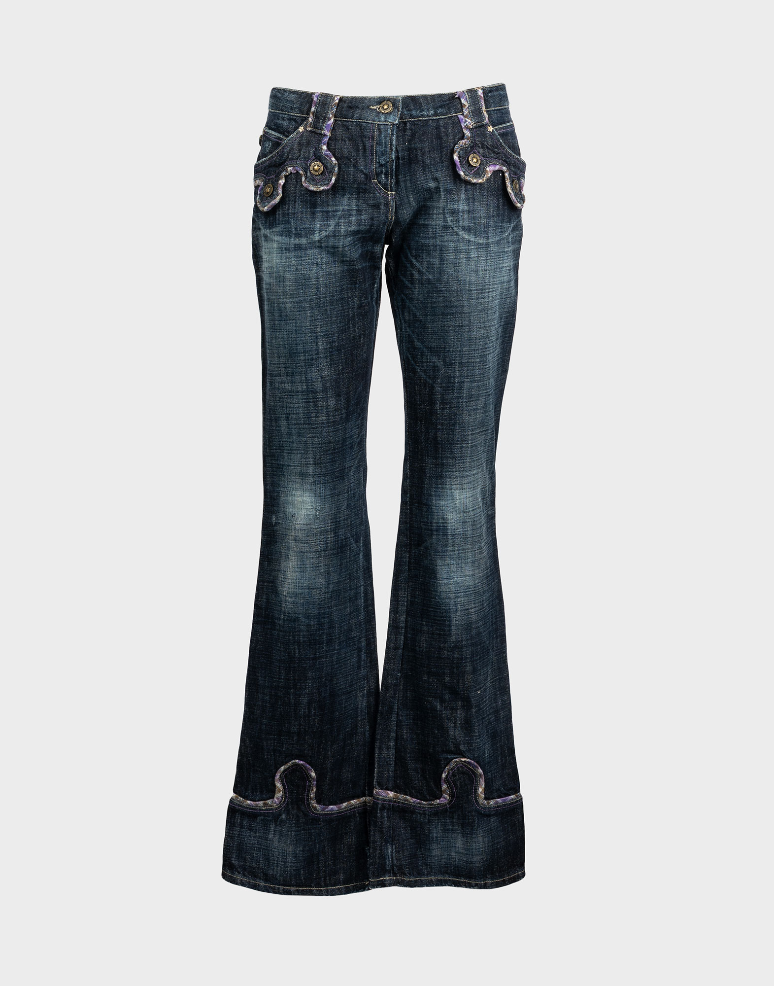 just cavalli flare denim trousers with embroidery on hem and pockets