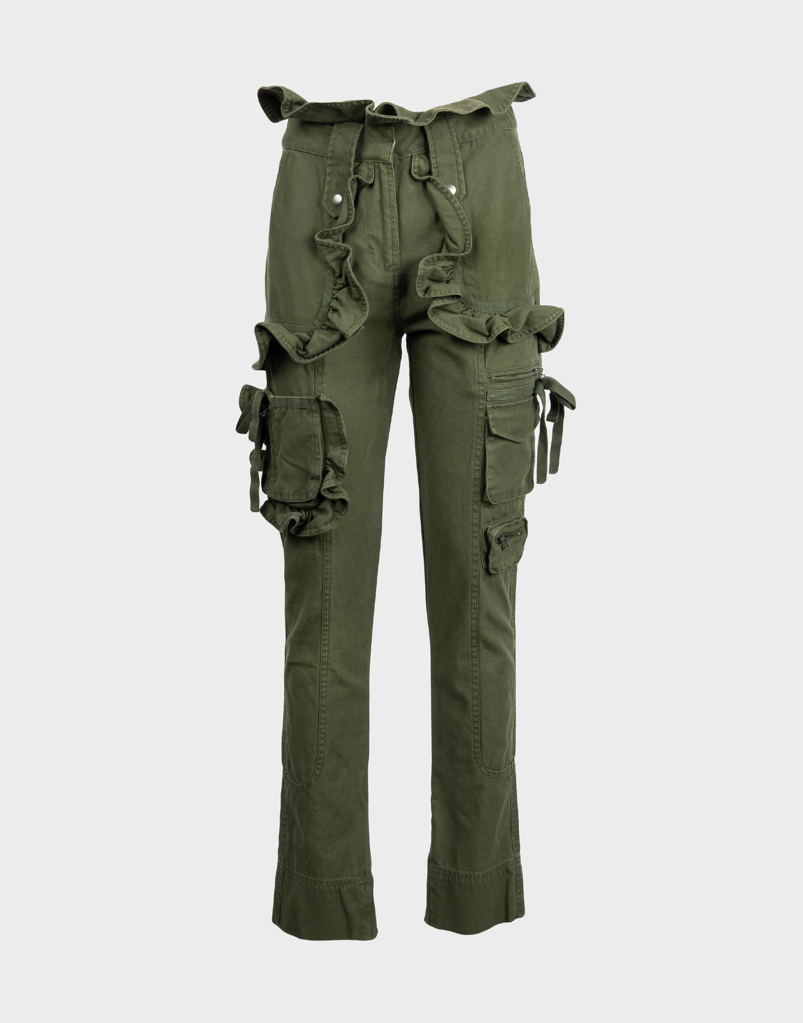 pantaloni verdi valentino slim fit in collaborazione con gap, tasconi sulle gambe e volant