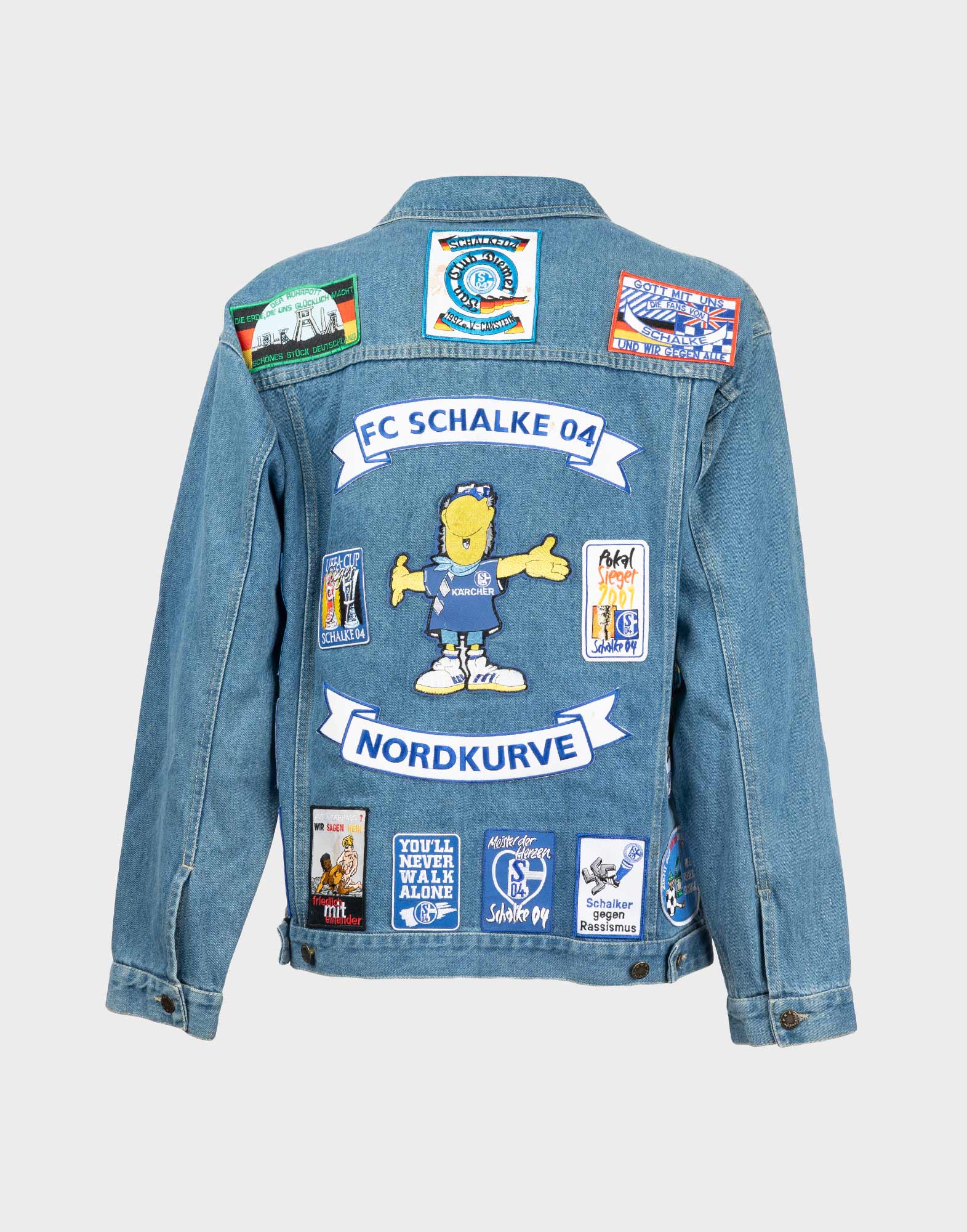 Vintage - Giubbotto di jeans blu in cotone con toppe - immagine 2