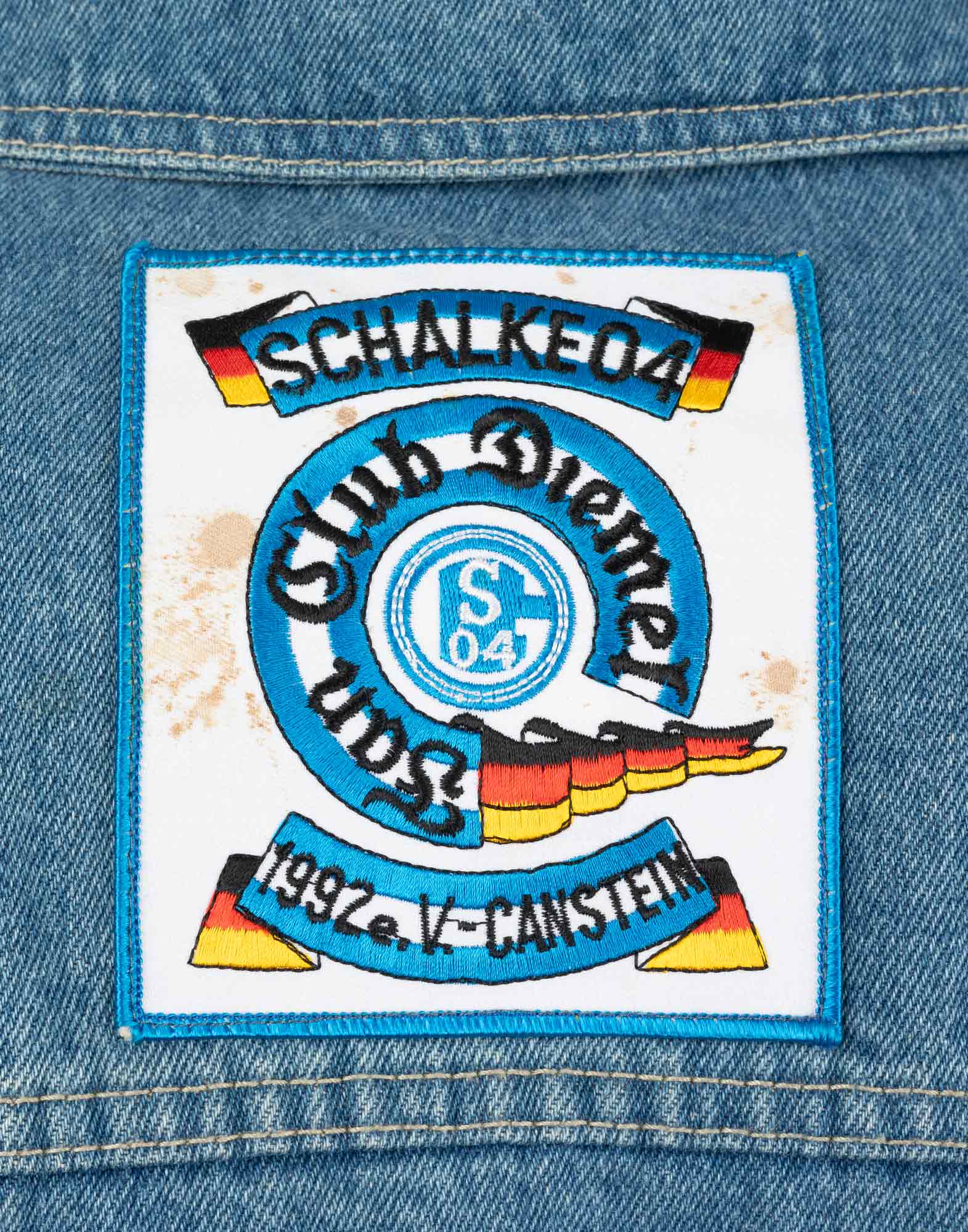Vintage - Giubbotto di jeans blu in cotone con toppe - immagine 5