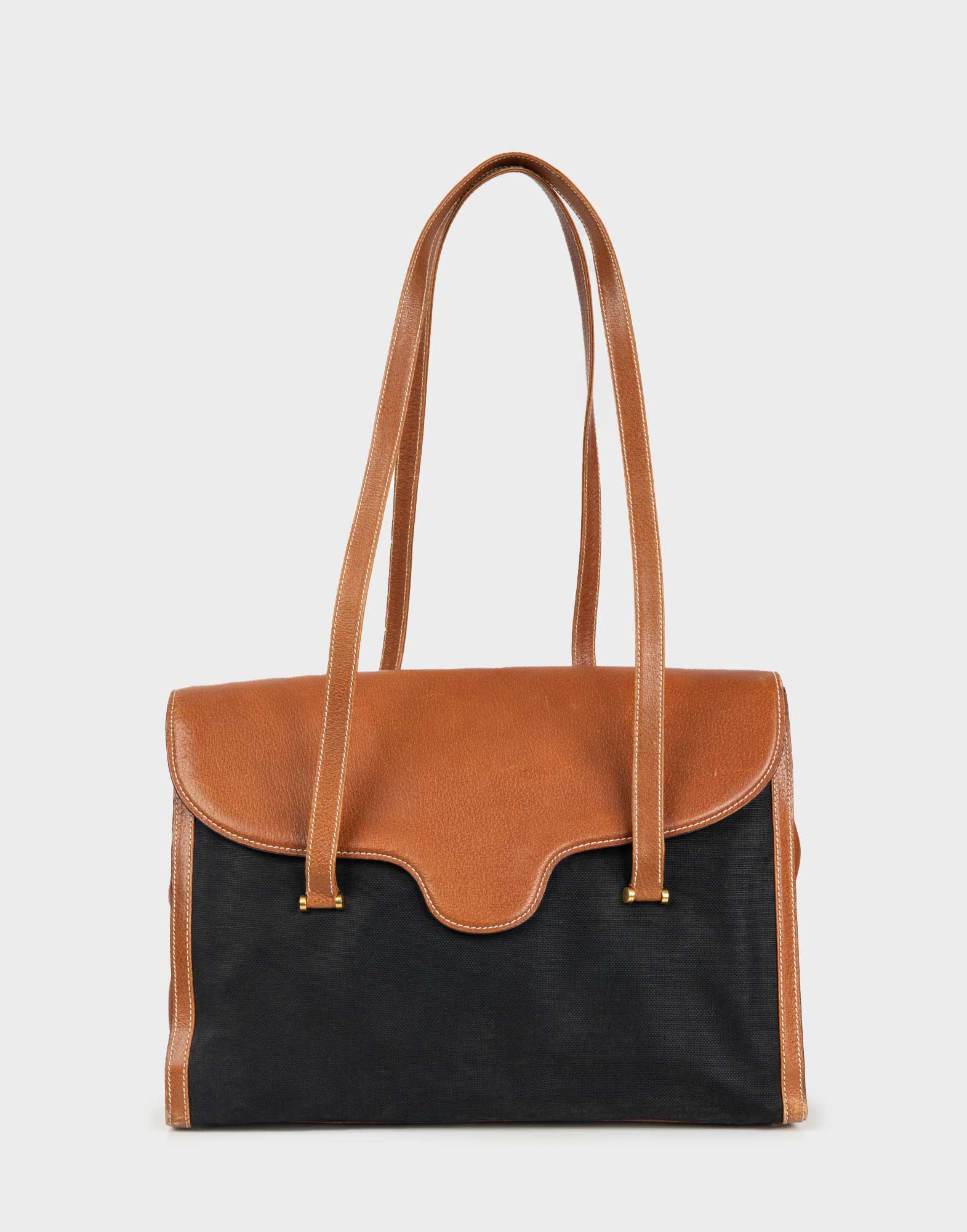 cartella nera in tessuto gucci con dettagli a contrasto in pelle marrone, doppia tracolla