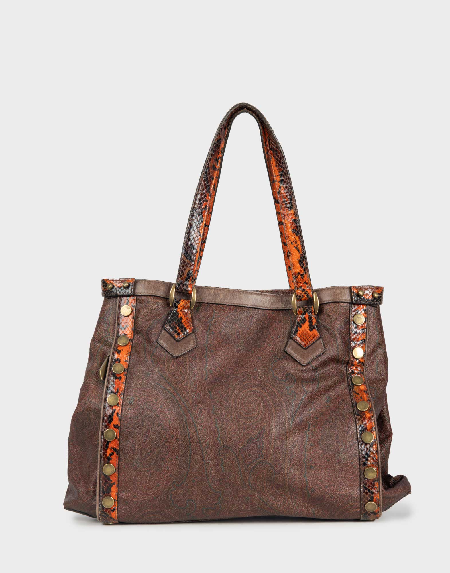 borsa etro marrone in pelle fantasia paisley con due manici in pelle pitonata arancione
