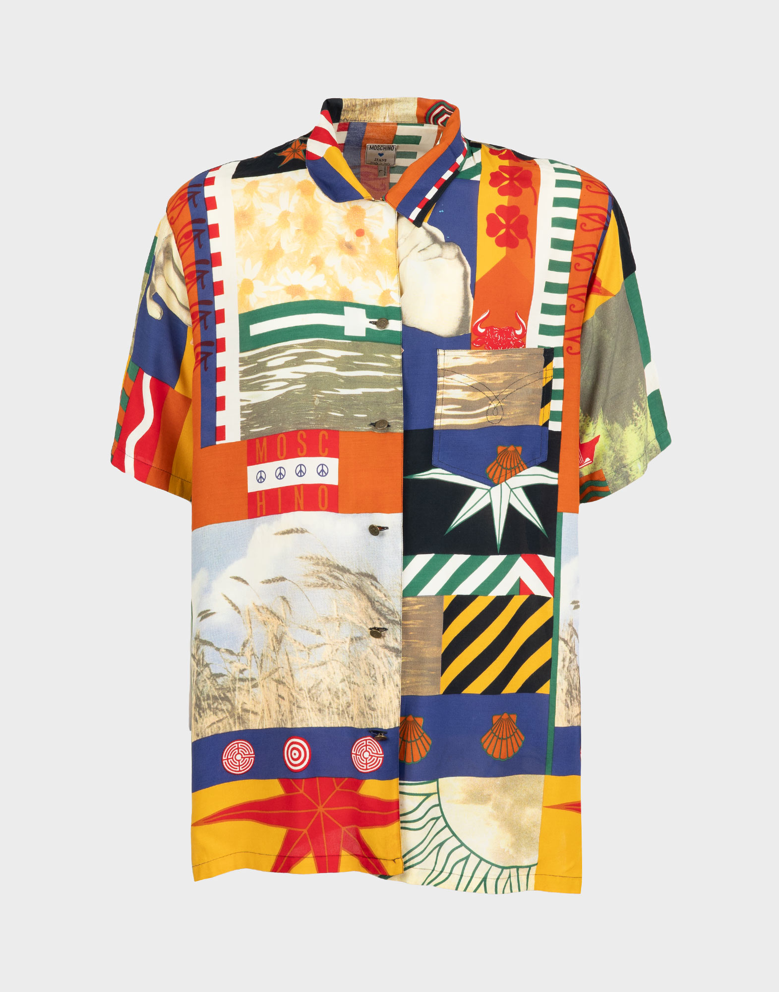 90s men's multicoloured patterned short-sleeved cotton shirt