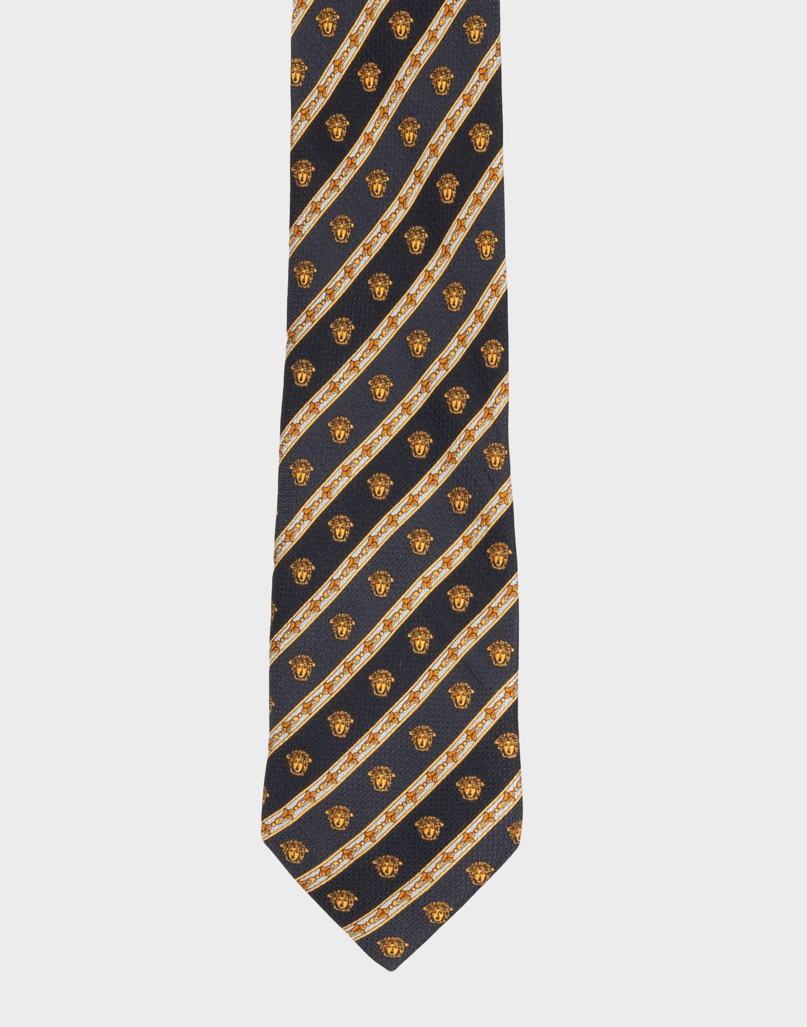 black and gold striped versace tie with medusa head