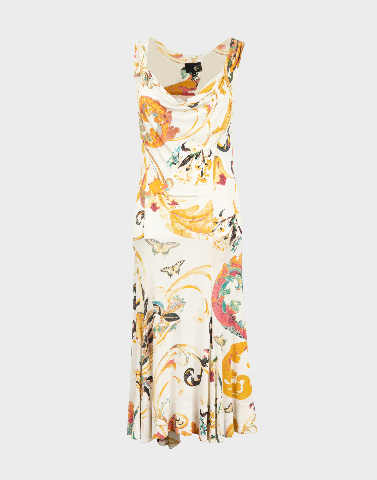 long beige dress just cavalli with colorful paisley pattern, relaxed neckline