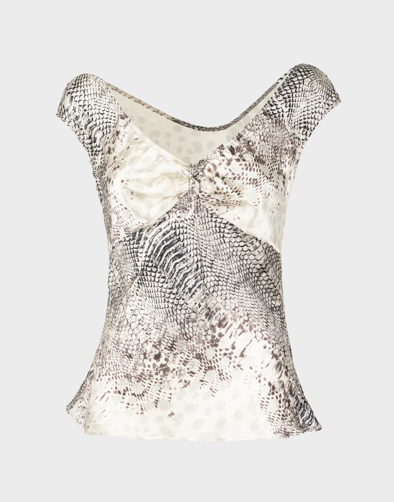 top class roberto cavalli in seta smanicato con fantasia pitone, arricciatura sullo scollo