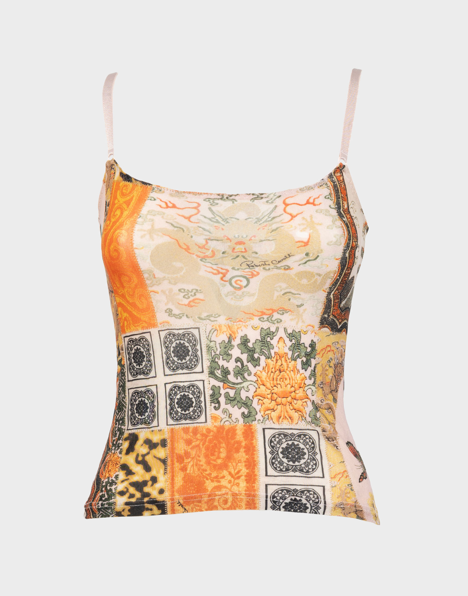 top crop roberto cavalli con fantasia patchwork, spalline sottili regolabili