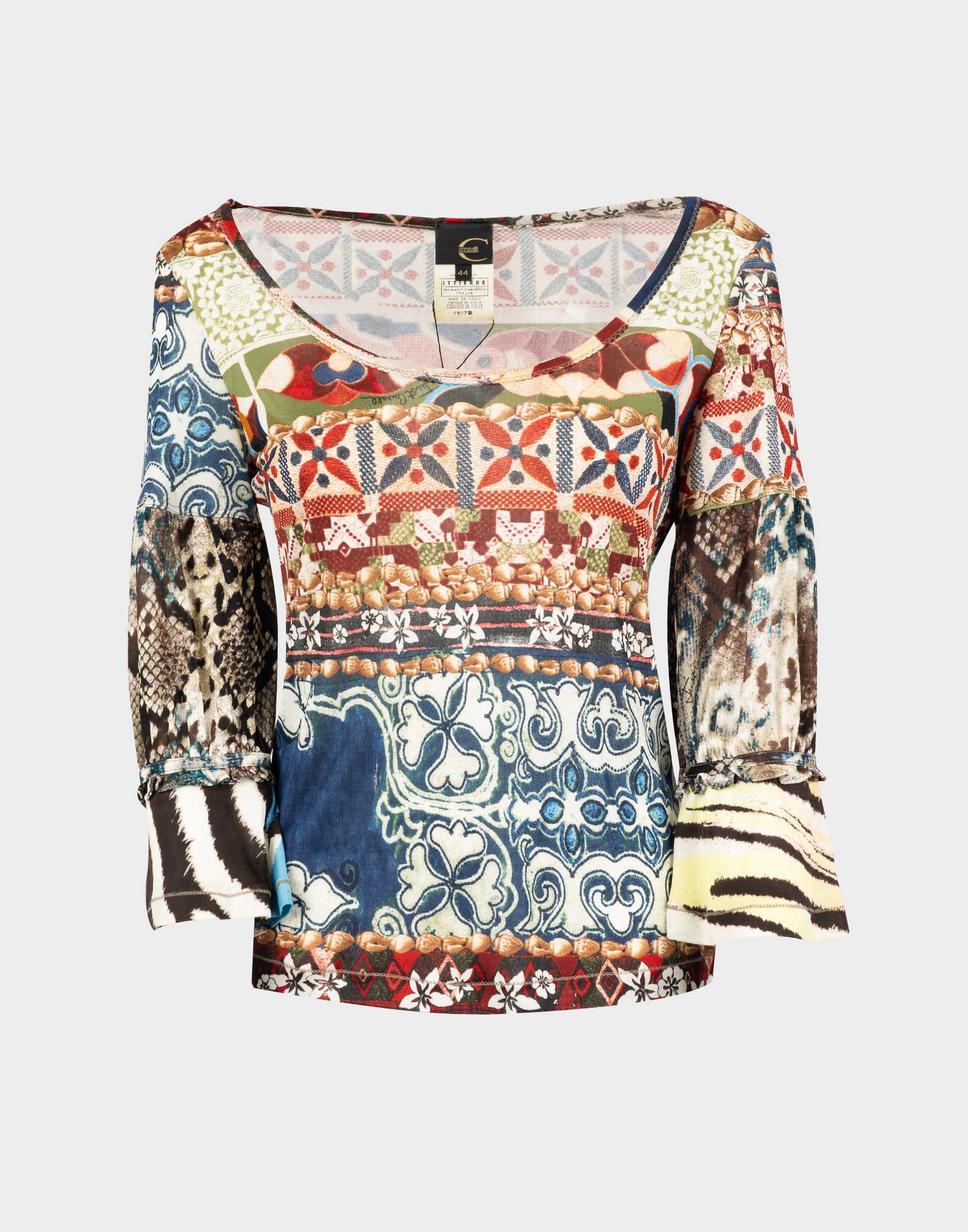 maglietta just cavalli con fantasia colorata all-over, maniche a tre quarti, scollo tondo