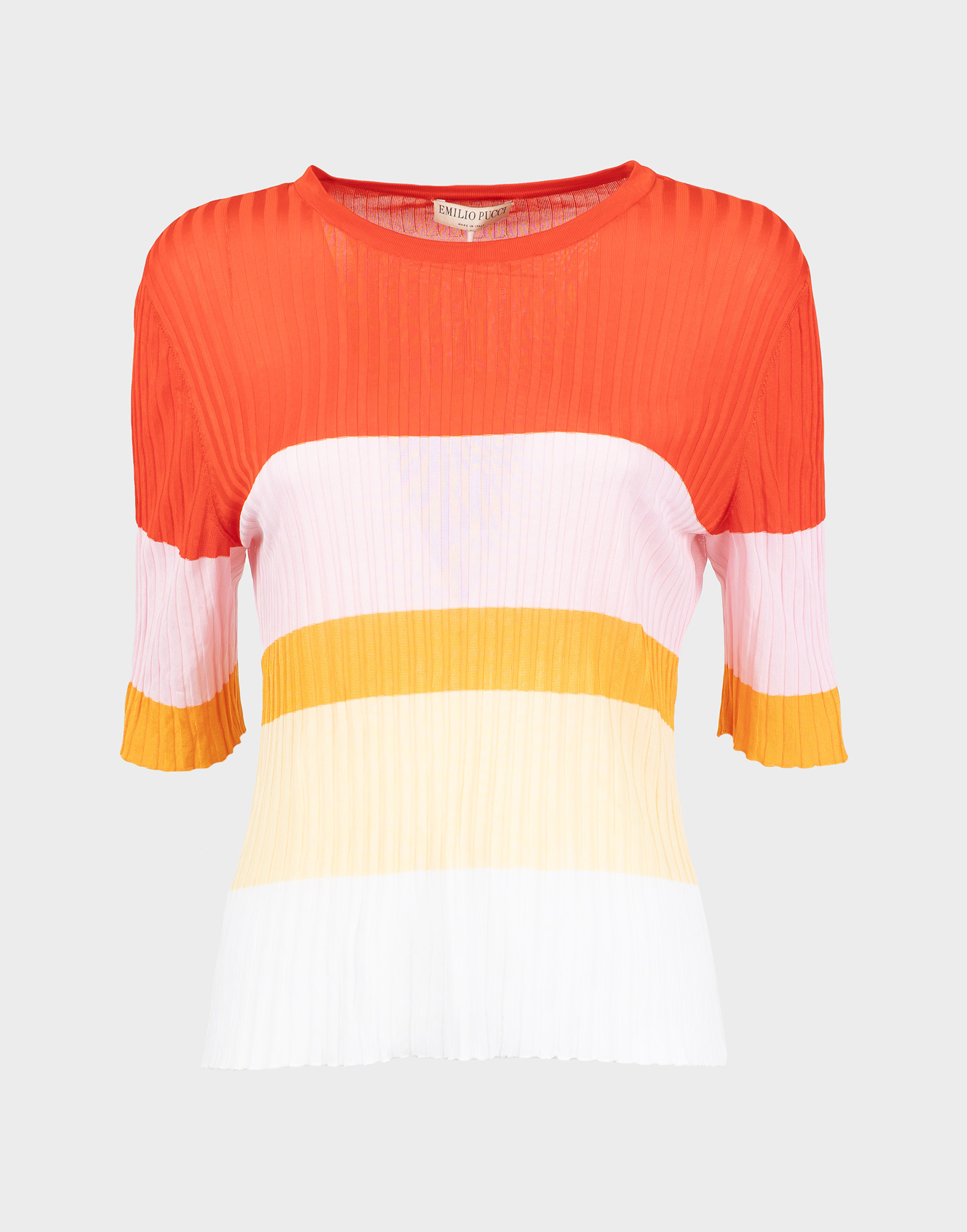 emilio pucci ribbed t-shirt with three-quarter sleeves, multi-coloured orange, pink and yellow striped pattern